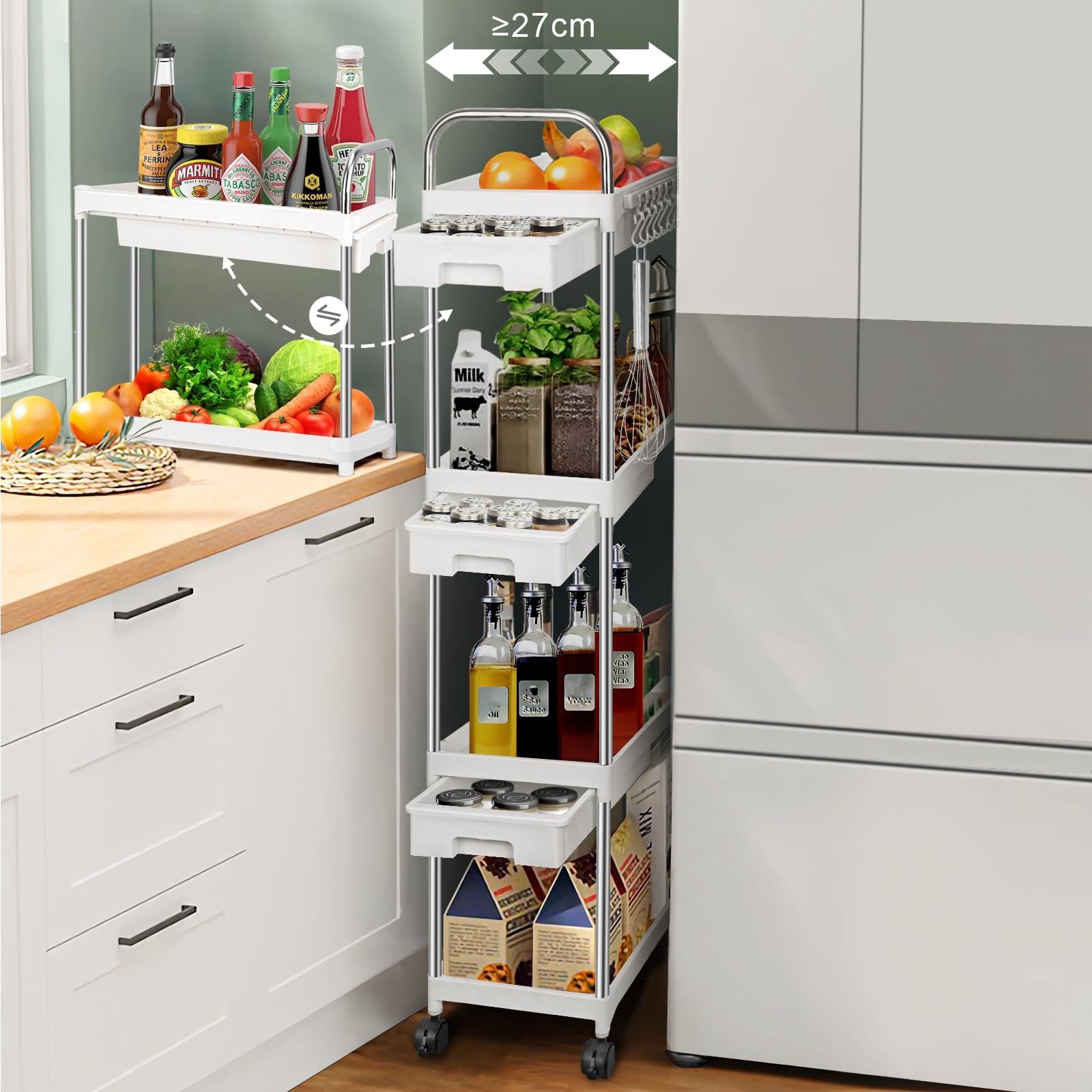 Carrello Portatutto Con Ruote Per Cucina - 4 Ripiani E 3 Cassetti, Salvaspazio E Multiuso - Foto 4