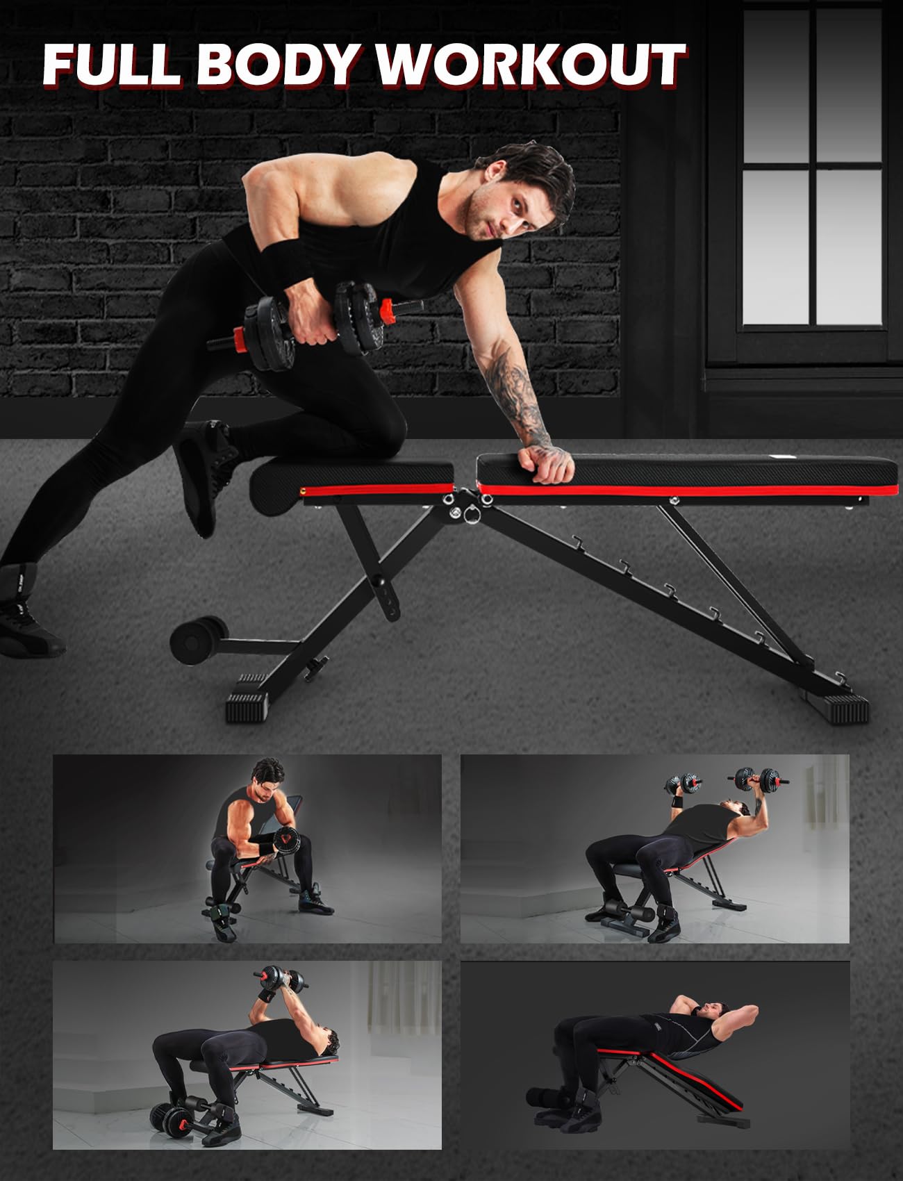 Adjustable Weight Bench for Home Gym & Full Body Workout | Foldable Incline Decline Flat Workout Bench for Full Body Strength Training, Dumbbell Press & Ab Exercises