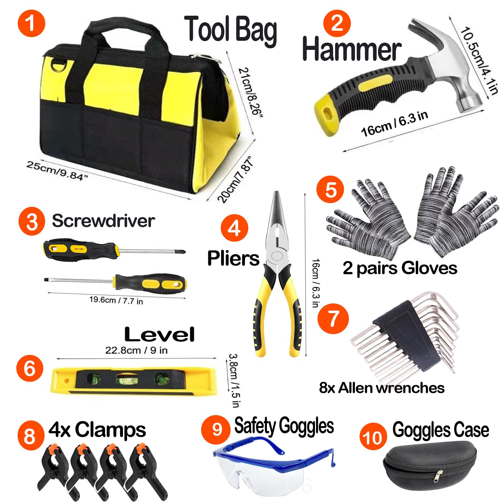 Set di attrezzi veri per bambini, 24 pezzi, strumenti per la lavorazione del legno con borsa degli attrezzi, include martello da carpentiere, pinze, cacciaviti, livella, occhiali di sicurezza