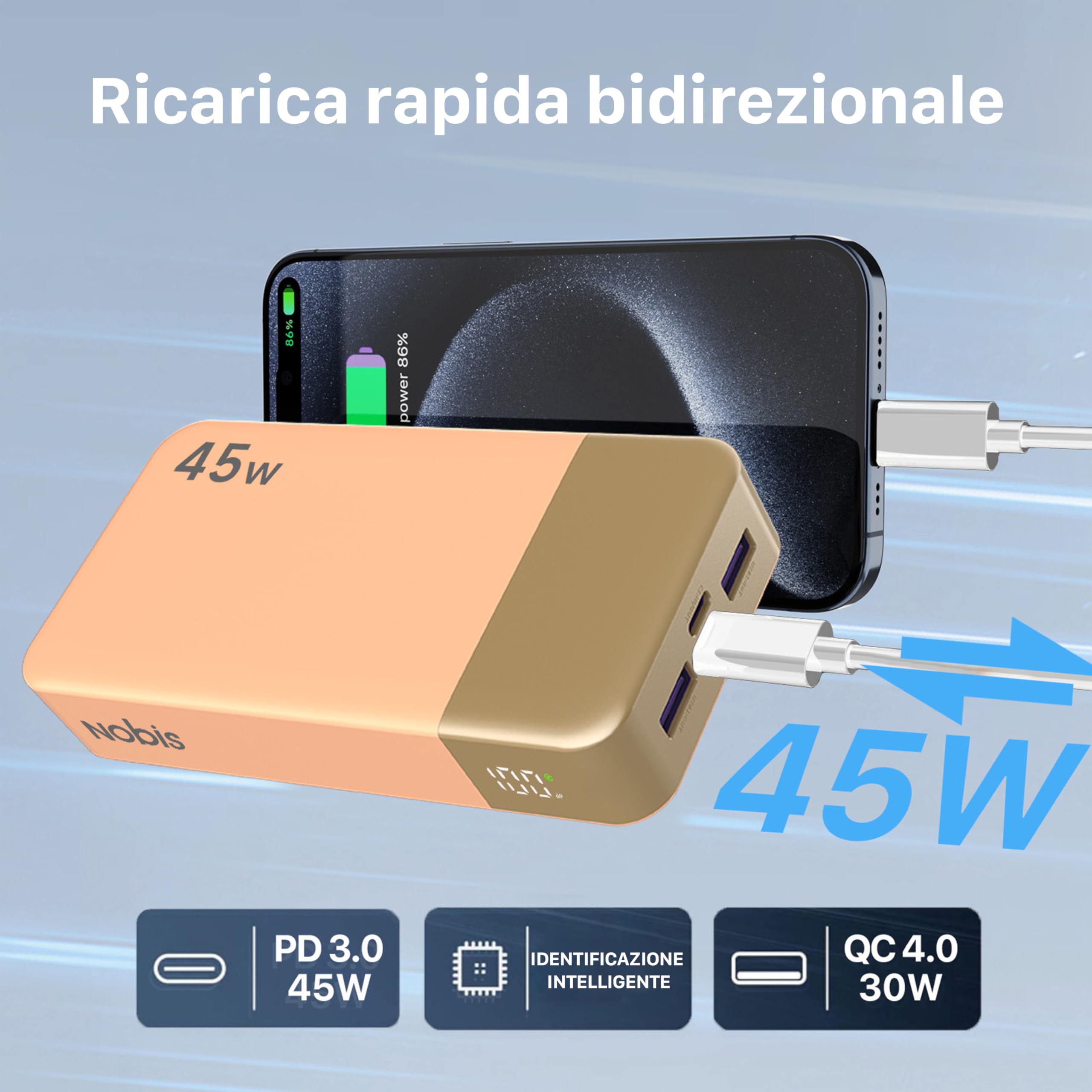 Nobis Power Bank 20000mAh Powerbank 45W Ricarica Rapida Caricatore Portatile USB C In & Out, 4 Porte Portable Charger con Display Digitale a LED, Compatibile con MacBook Phone 15 S23 (Arancione)