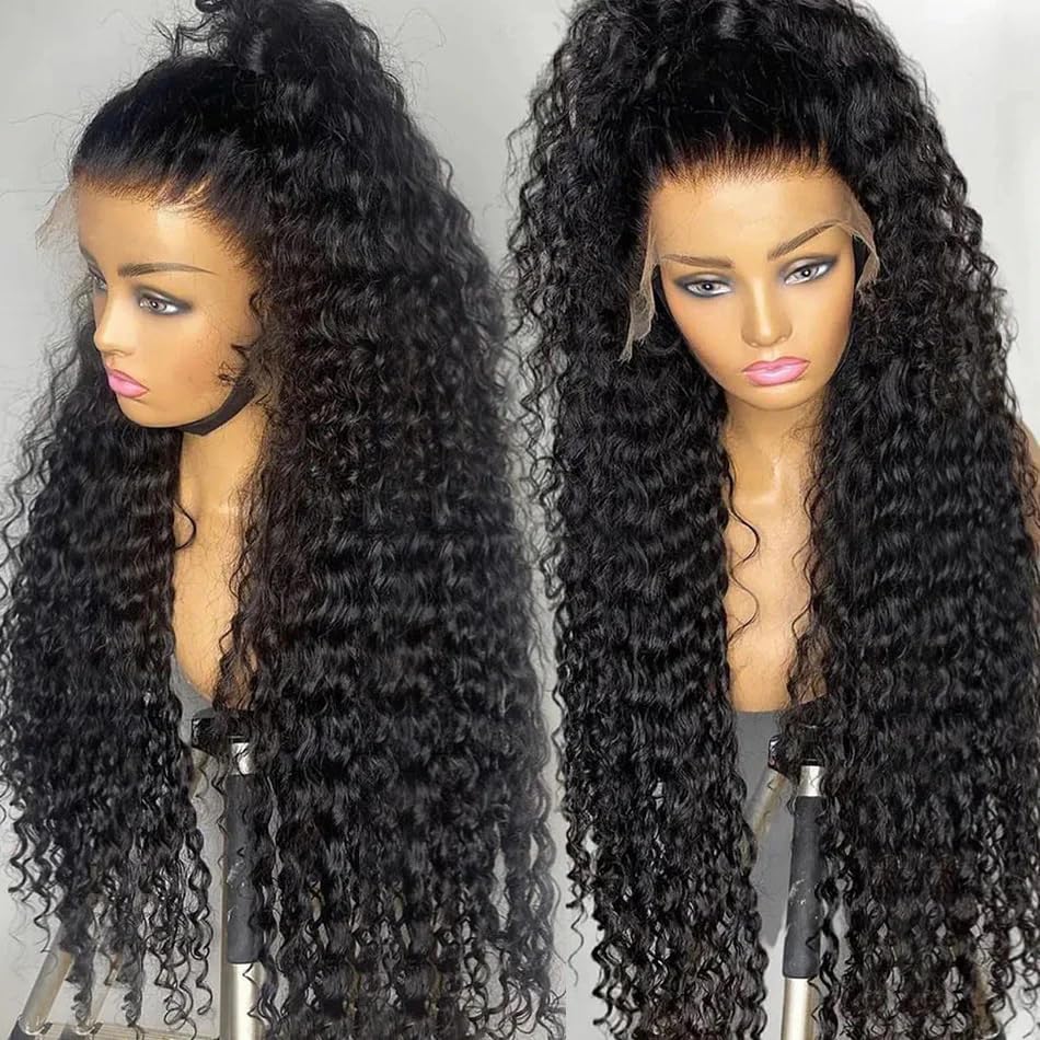 HILYN Black Curly Glueless Lace Front Wig 13x4 Long Deep Wave Lace Wigs With Baby Hair Pre Plucked 250 Density Jet Black Synthetic HD Lace frontal Loose Wave Wigs For Women Water Wave Wig 26 inches