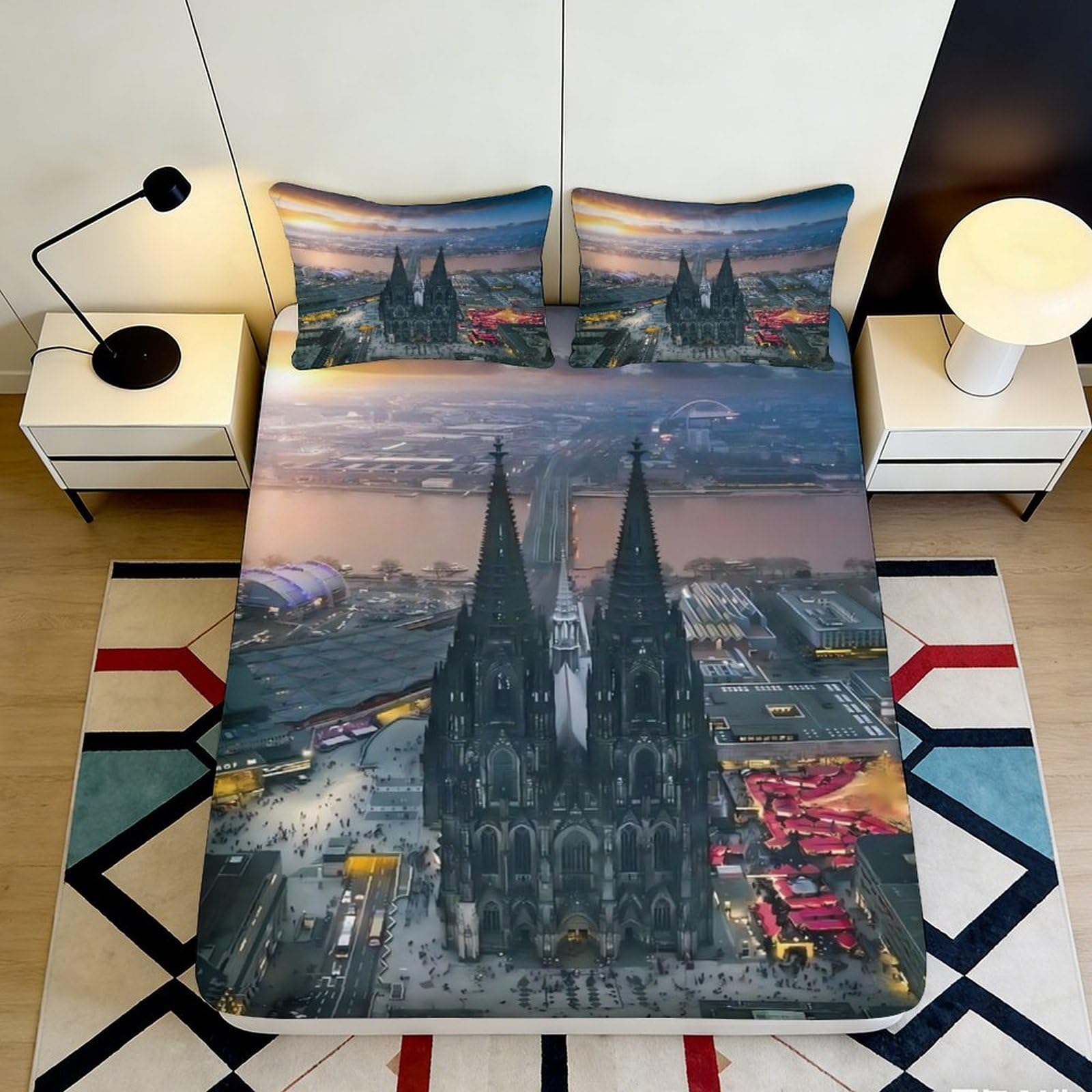 3D Printed Cologne Cathedral Fitted Sheet Microfiber Soft Breathable Sunset Cityscape Mattress Cover Bedroom Decor 90x200x25cm