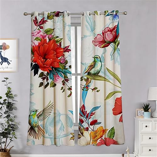 Miniatura 4 de Koudi Cortinas opacas con diseño floral, decoración de pájaros y flores, cortinas de oscurecimiento con ojales, paneles de cortina con aislamiento