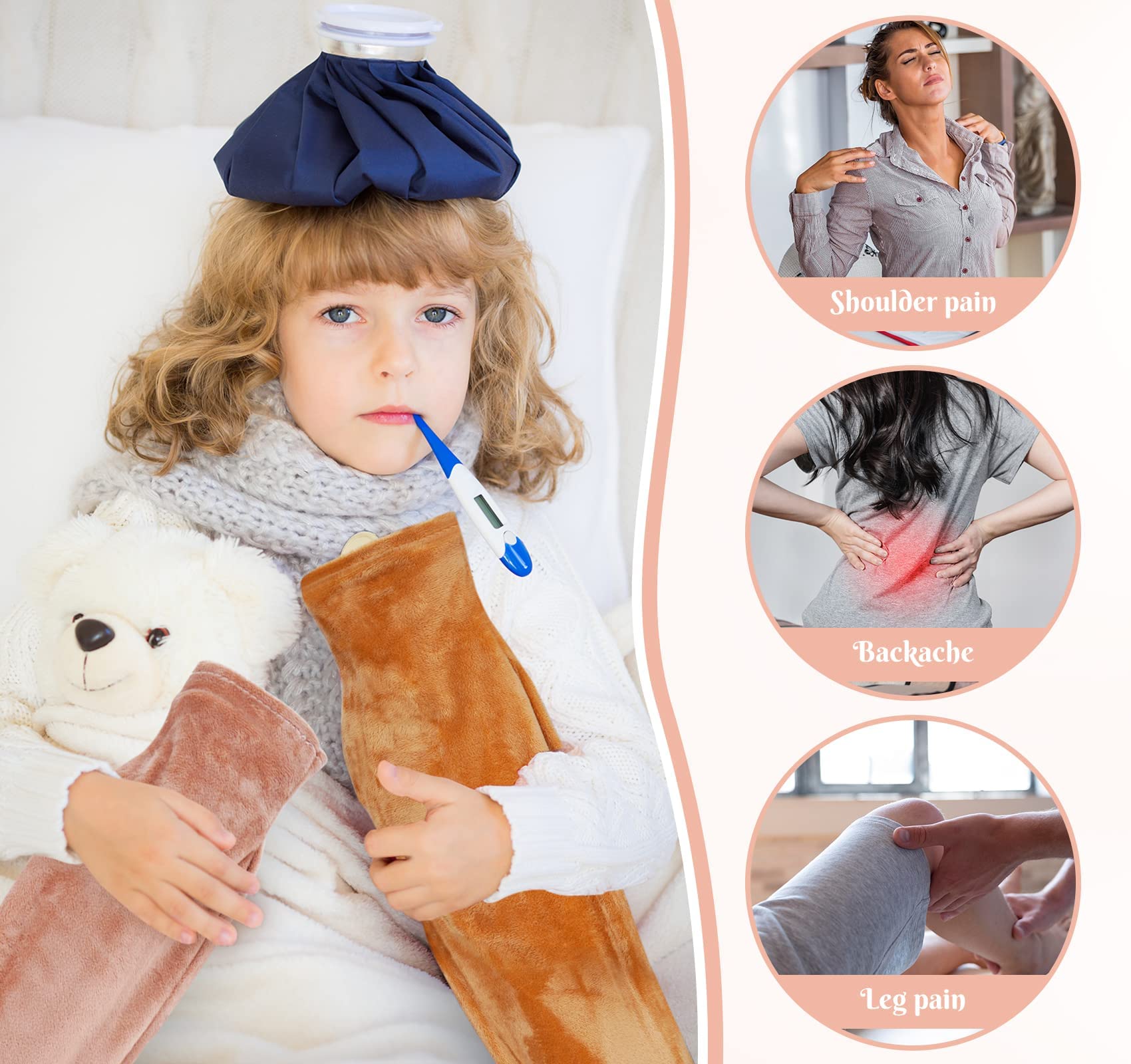 Bouillotte longue avec housse douce avec 2 housses super douces - Grande capacité de 2 litres - 73 x 13 cm - Bouillotte tubulaire pour épaules, cou