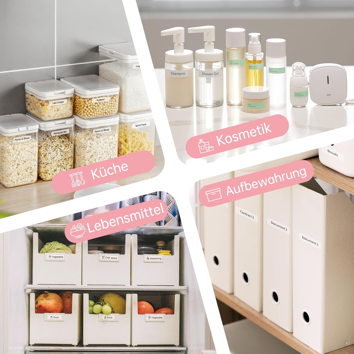 Collage showing PRT H11 labels used in kitchen for food storage, general storage, and office documents.