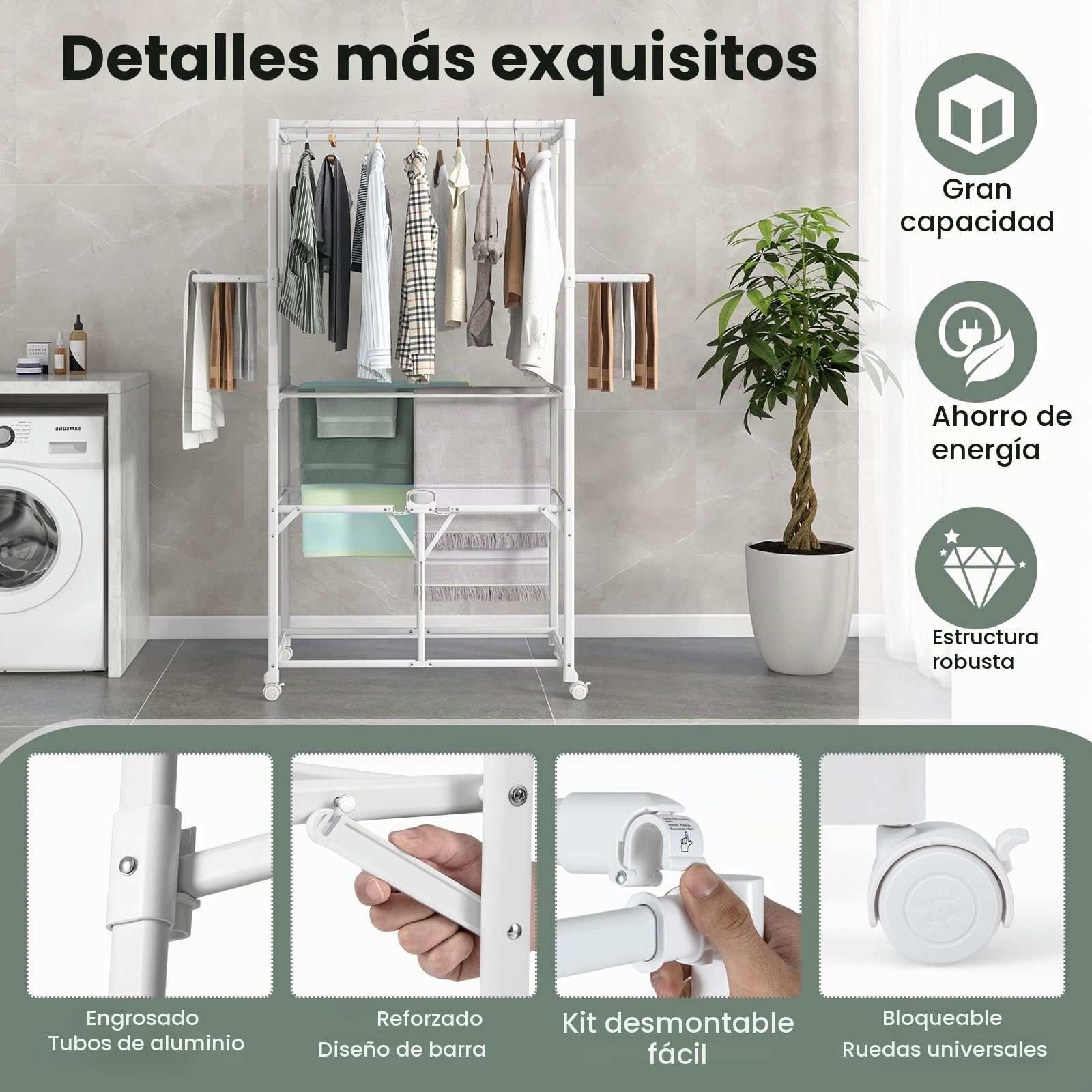 GIANTEX Tendedero Vertical Plegable con Ruedas, Barras para Colgar, 2 Alas Abatibles y Estante Extraíble, Tendedero Portátil para Interior y Exterior, 94 x 49 x 174 cm, Blanco