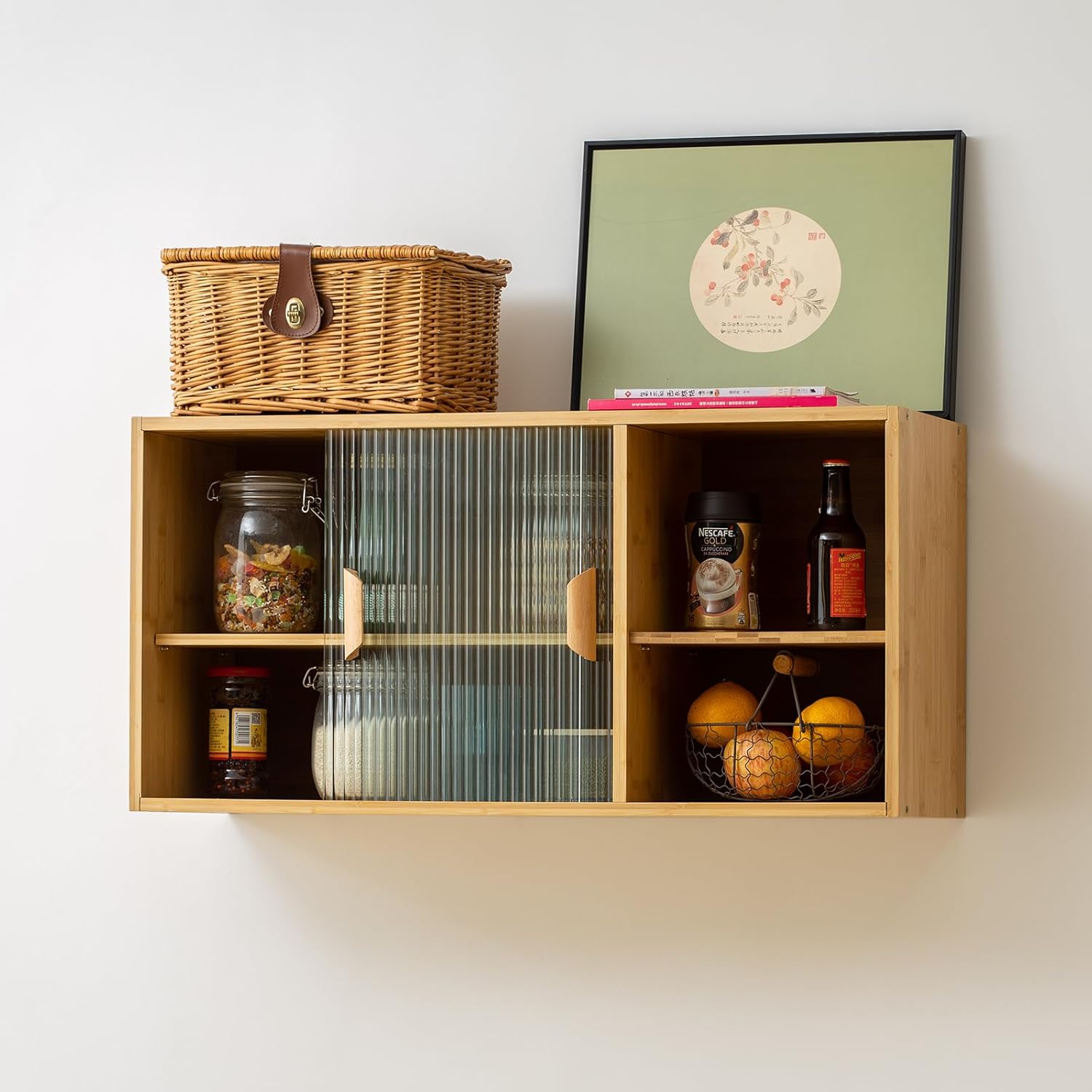 wall mounted bamboo countertop storage cabinet with glass door, hanging kitchen cupboard with adjustable shelves, small pantry sideboard for dining room, bathroom, wood wood-31.5"l