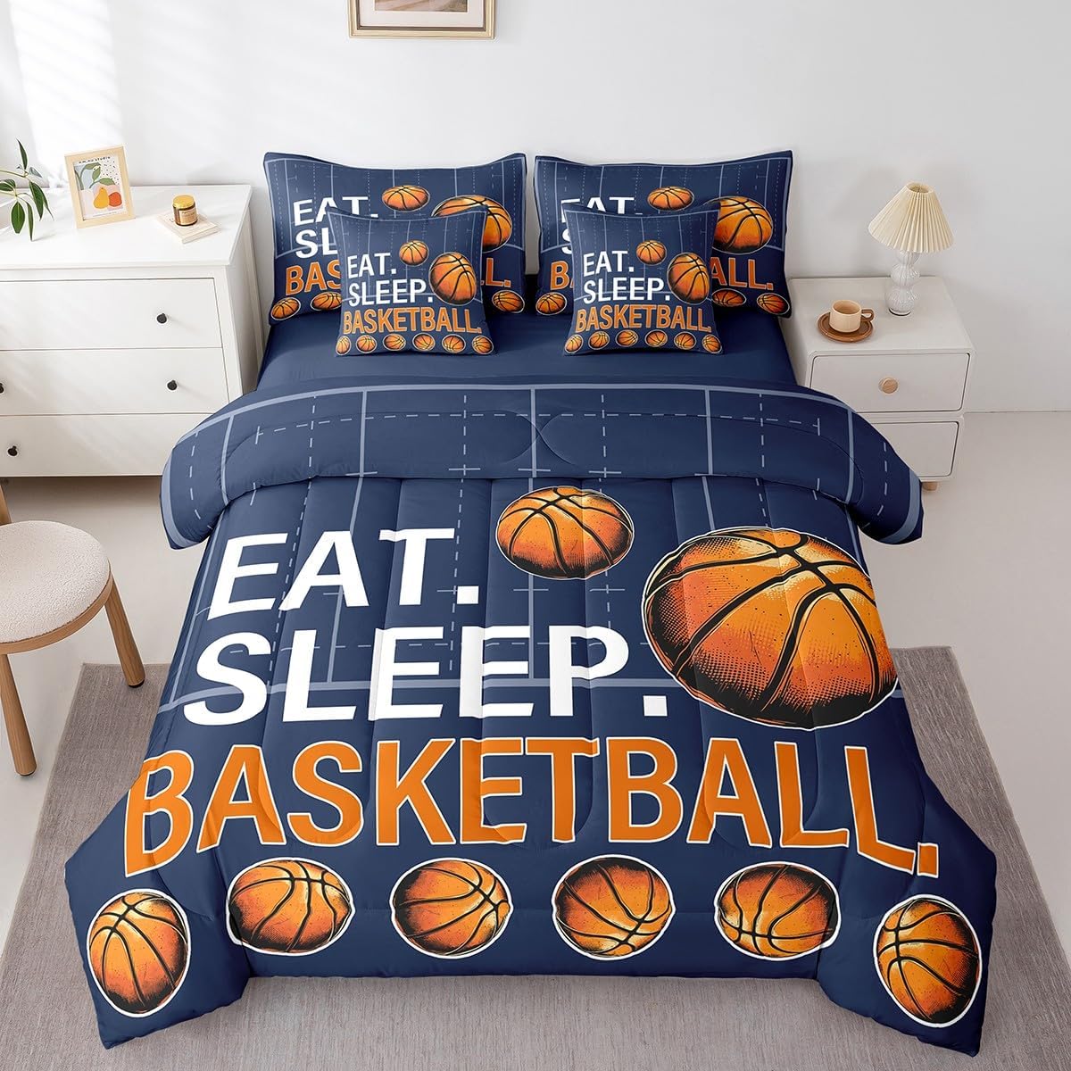 Castle Fairy 7 Pcs 3D Basketball Comforter Set Full Size Geometric Plaid Lines Print Bedding Sets for Kids Teens Adults All Season (Comforter,Flat Sheet,Fitted Sheet,2 Pillowcases,2 Pillow Covers)