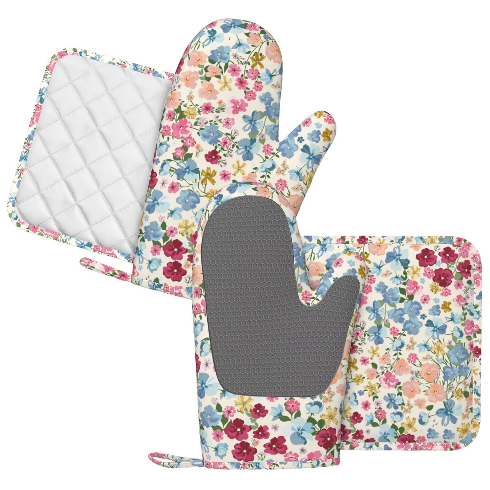 Wild Flowers - Juego de 4 manoplas de cocina de silicona y agarraderas antideslizantes, resistentes al calor, resistentes al calor, para cocina