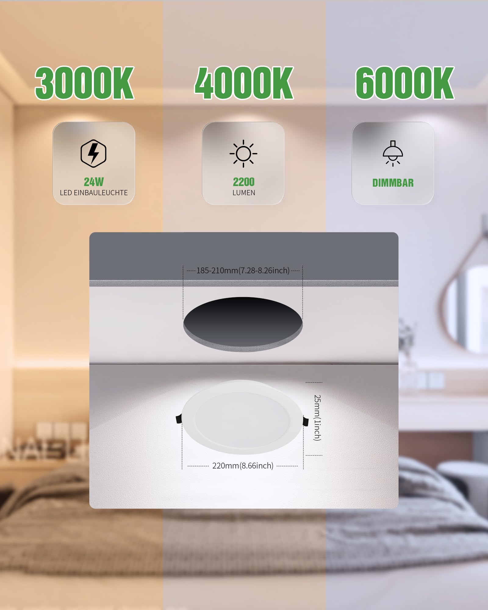 6 Stück LED Deckenleuchte Dimmbar 24W 3CCT 2200lm Ausschnitt Ø185-210mm | Grebeam IP44 LED Einbaustrahler 190mm Ultra Slim Einbautiefe 30mm Warmweiß/Neutralweiß/Kaltweiß für große Räume und Büro