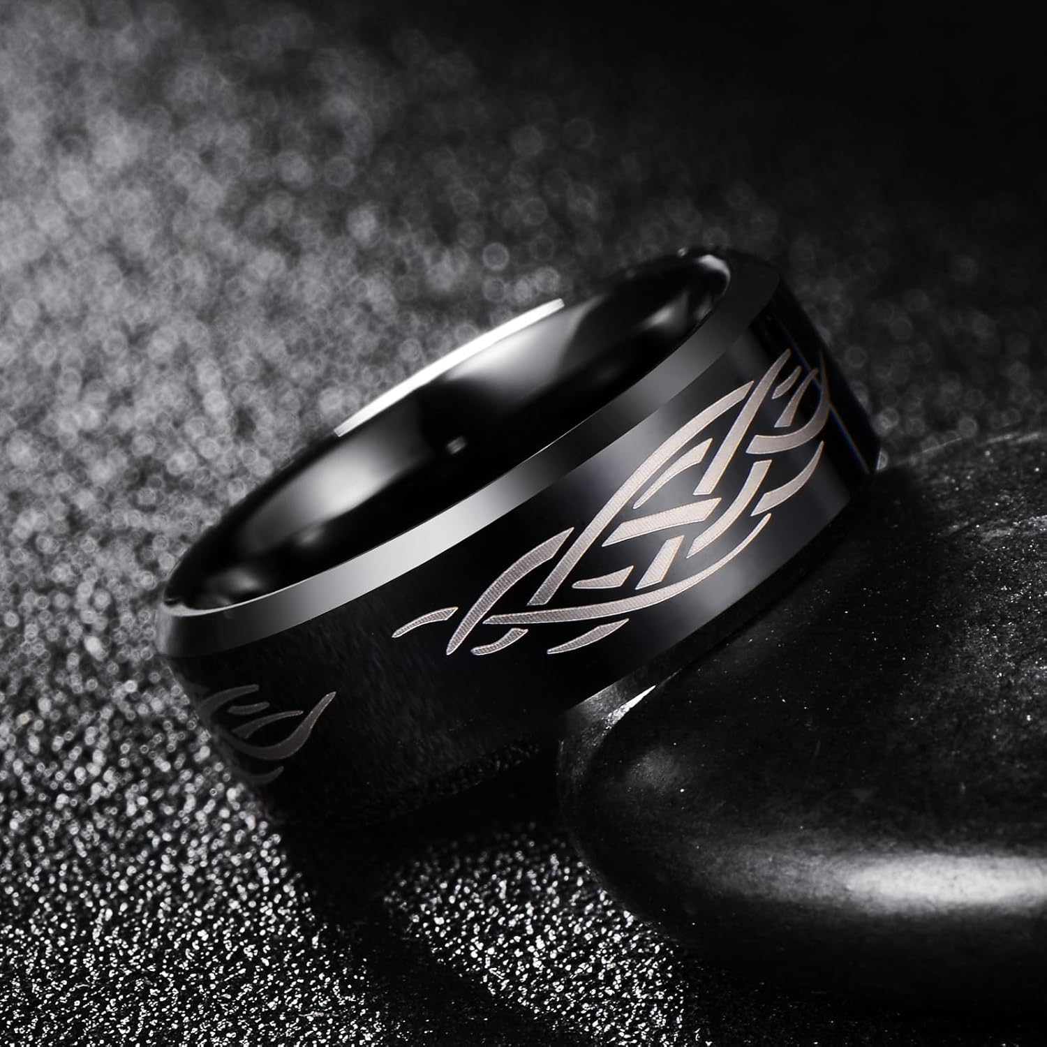 Tungsten Wedding Band for Men, 8mm Wide Laser-Etched Pattern, Comfort Fit Modern Fashion Ring - Image 2