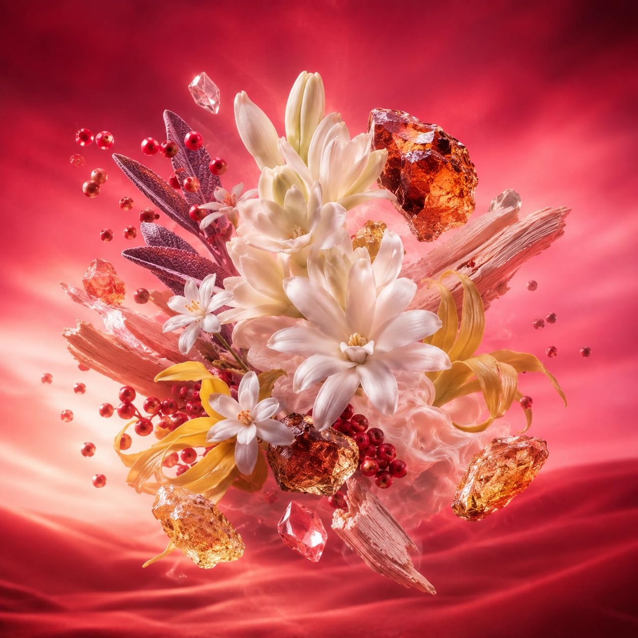 Élixir – Extrait de Parfum Mixte – Tubéreuse Rouge – 50 ml | Accord floral rouge, tendre et enveloppant, à la tenue durable, avec tubéreuse, poivre rose, jasmin, ylang-ylang et ambre.
