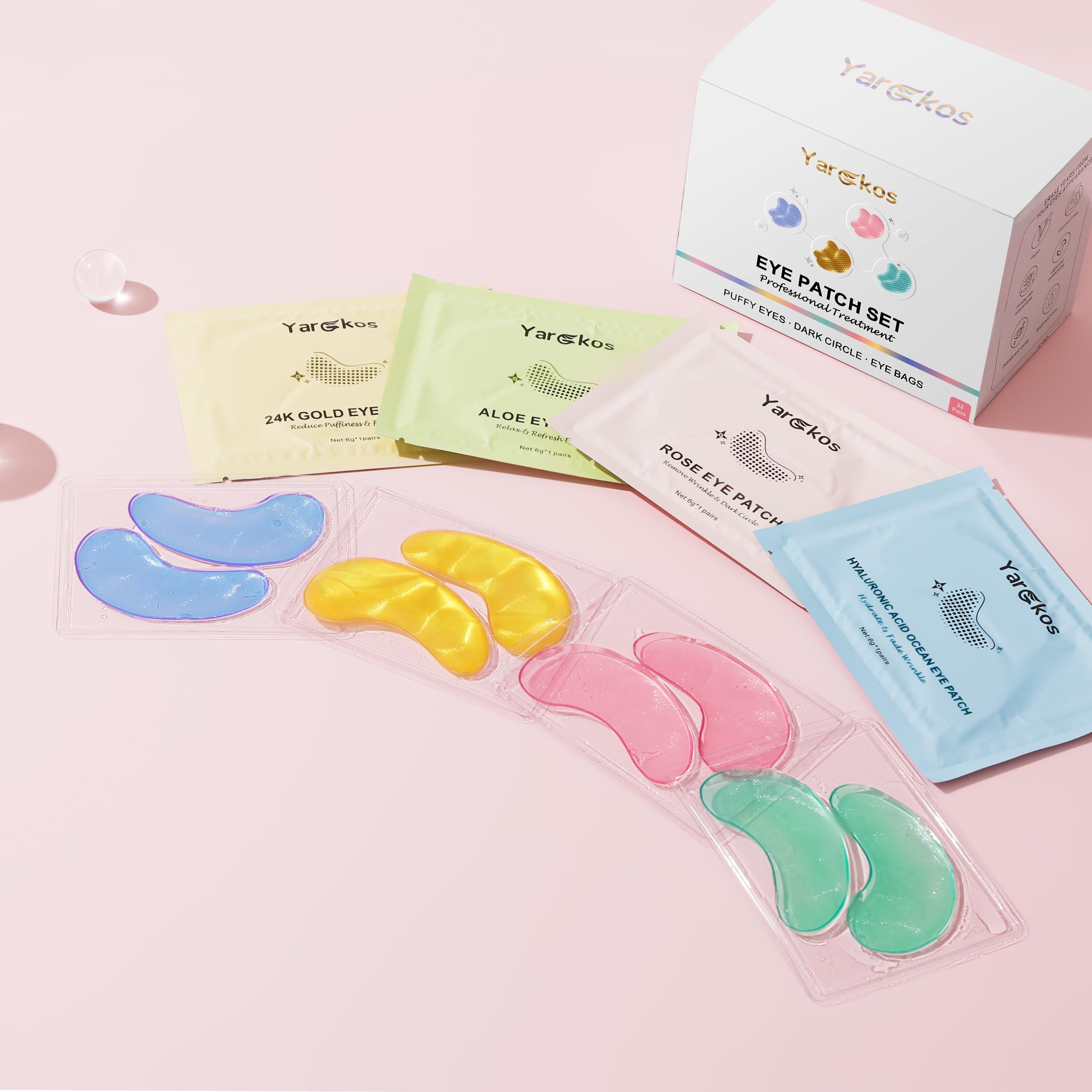 32 paia di cerotti oculari idratanti per occhiaie scure, cuscinetti anti-rughe, 32 set di gel viso per la cura dei viaggi (Oro 24 carati, blu, rosa, verde)