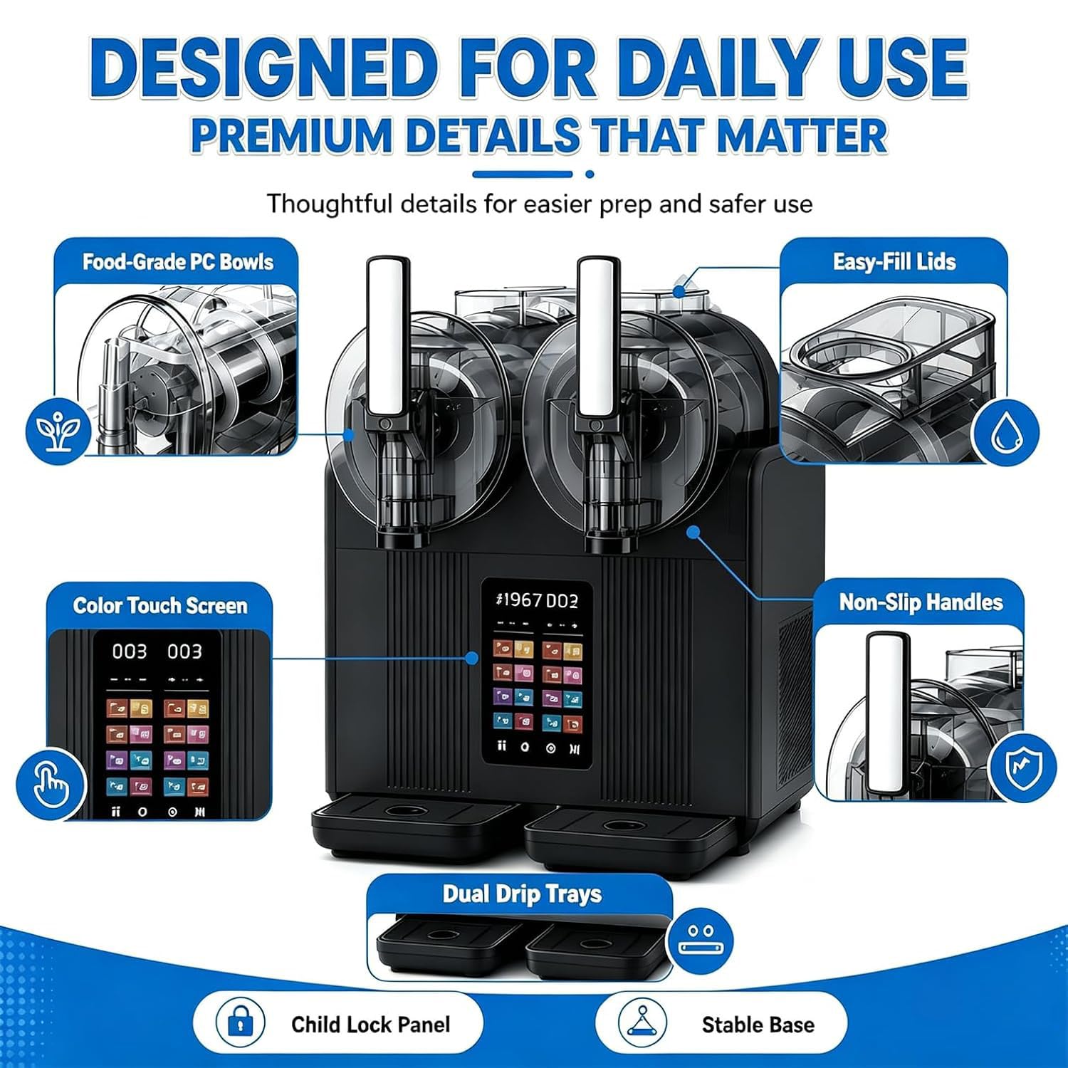 Granizadora 430 W de Doble Depósito 2 x 2 L para Helado Suave Black | Ofrece 7 modos automáticos, textura regulable y pantalla táctil HD con pausa, inicio y bloqueo infantil