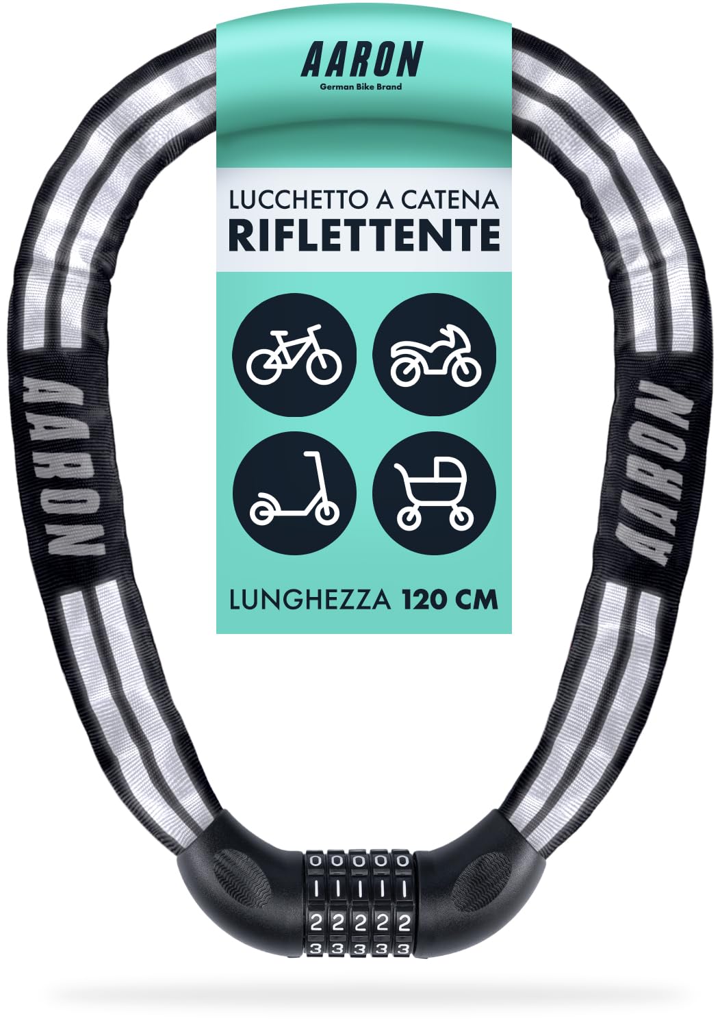 AARON Reflect Fahrradschloss mit 5-stelligem Zahlencode, 110cm Kettenschloss aus Stahl und hoher Sicherheitsstufe, Schloss für für E-Bike, Mountainbike, Trekkingrad, Tourenrad, Rennrad in Schwarz