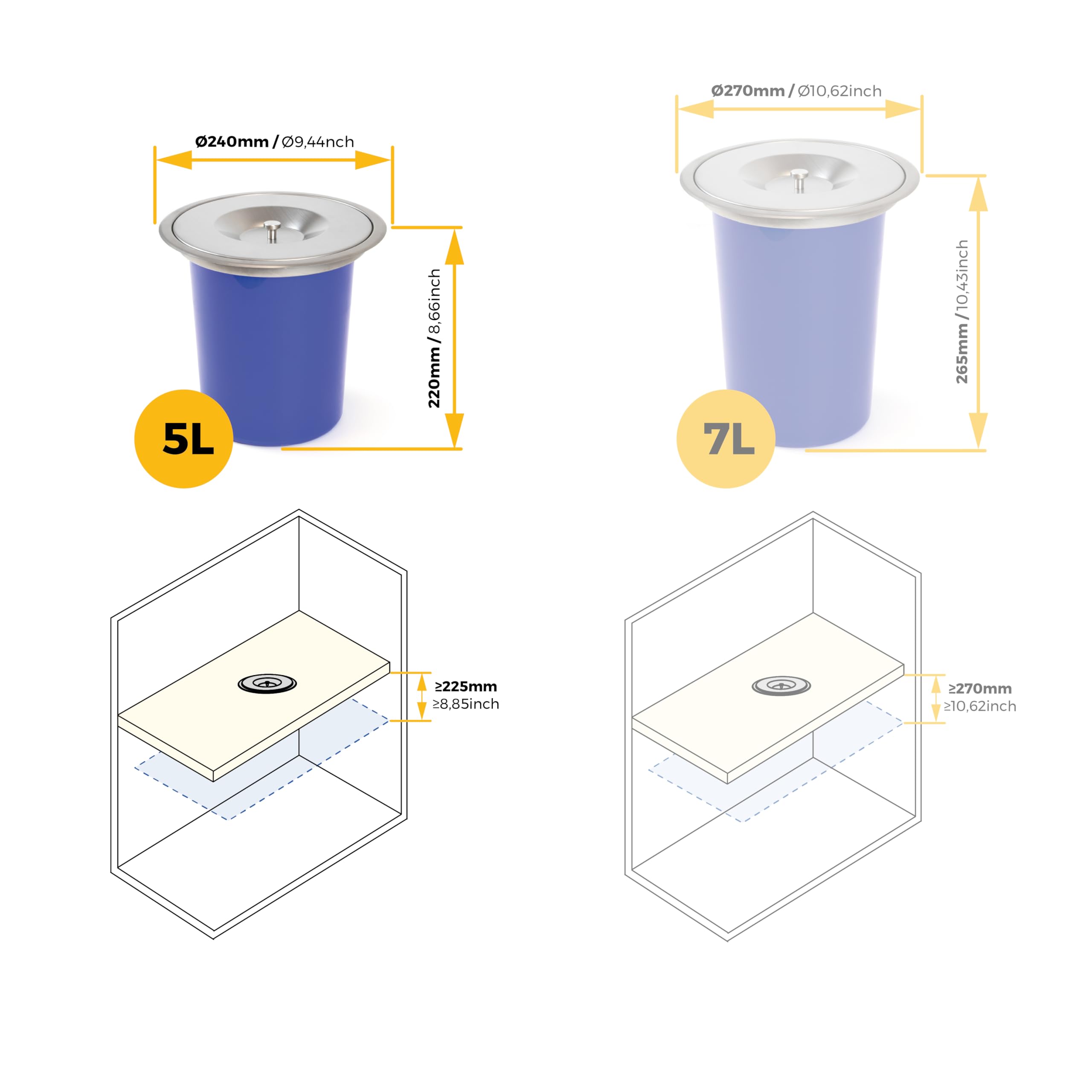 Emuca - Pattumiera da Incasso con Coperchio per Piano Cucina, Contenitore Estraibile Cucina 5L, Acciaio Inox.