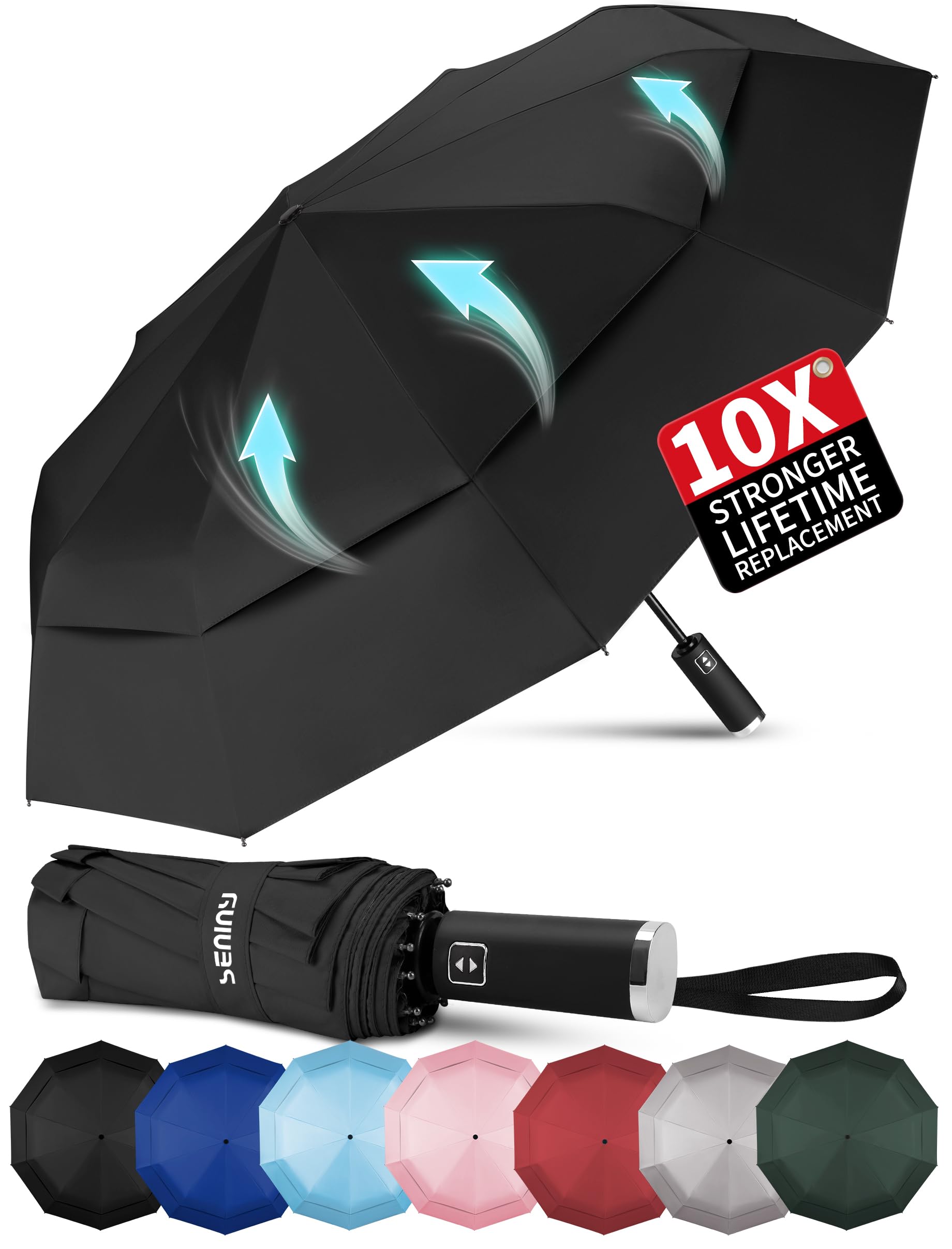 Seniny Travel Umbrella with Carabiner Handle, Windproof Large Umbrellas for Rain with Dual-Rib Structure, Portable Compact Umbrella with Reflective