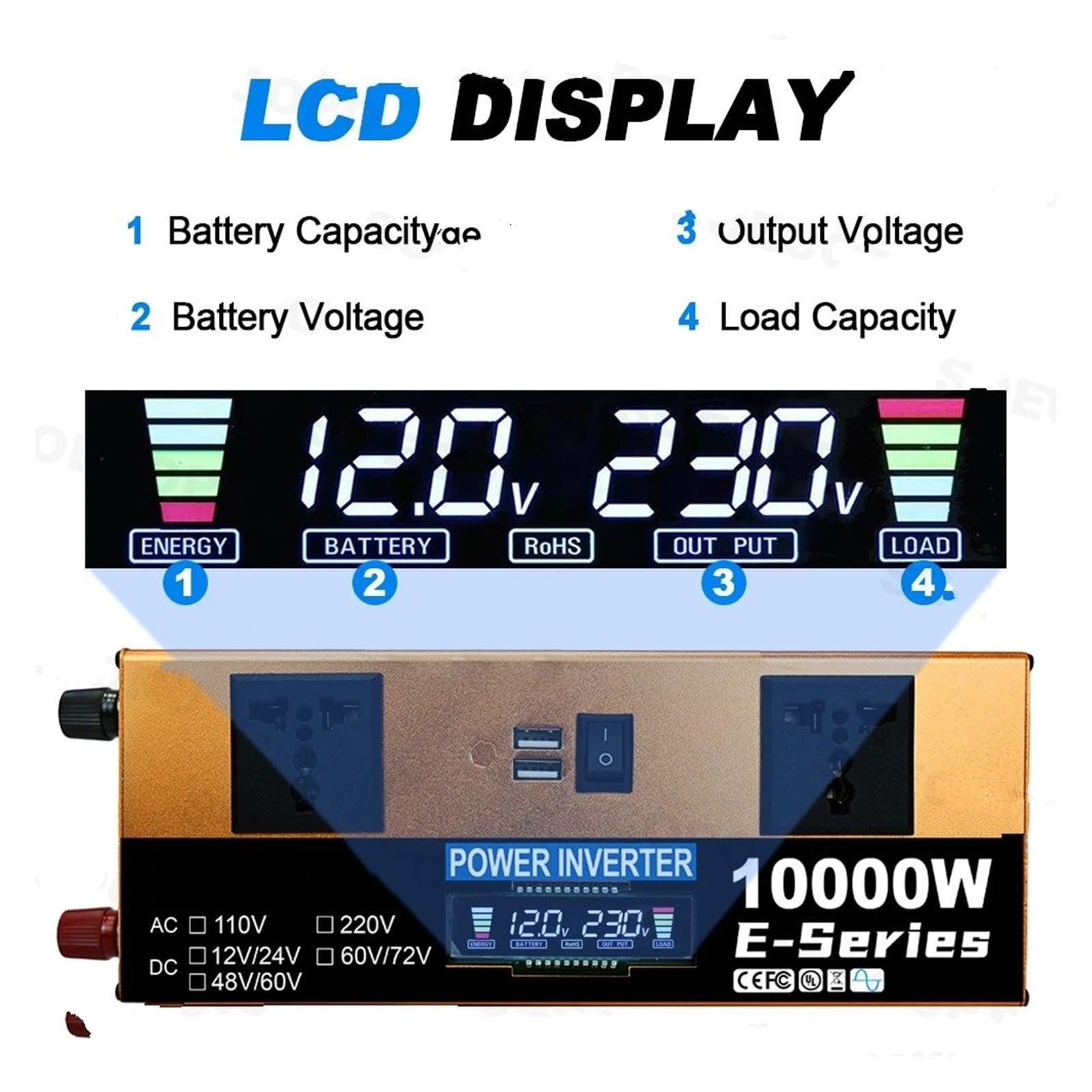 Inversor Inversor 10000 W Doble Voltaje 12 V 24 V 48 V 60 V 72 V A 110 V/220 V CA con Pantalla LCD Y Doble USB para Actividades Al Aire Libre(60V and 72V)