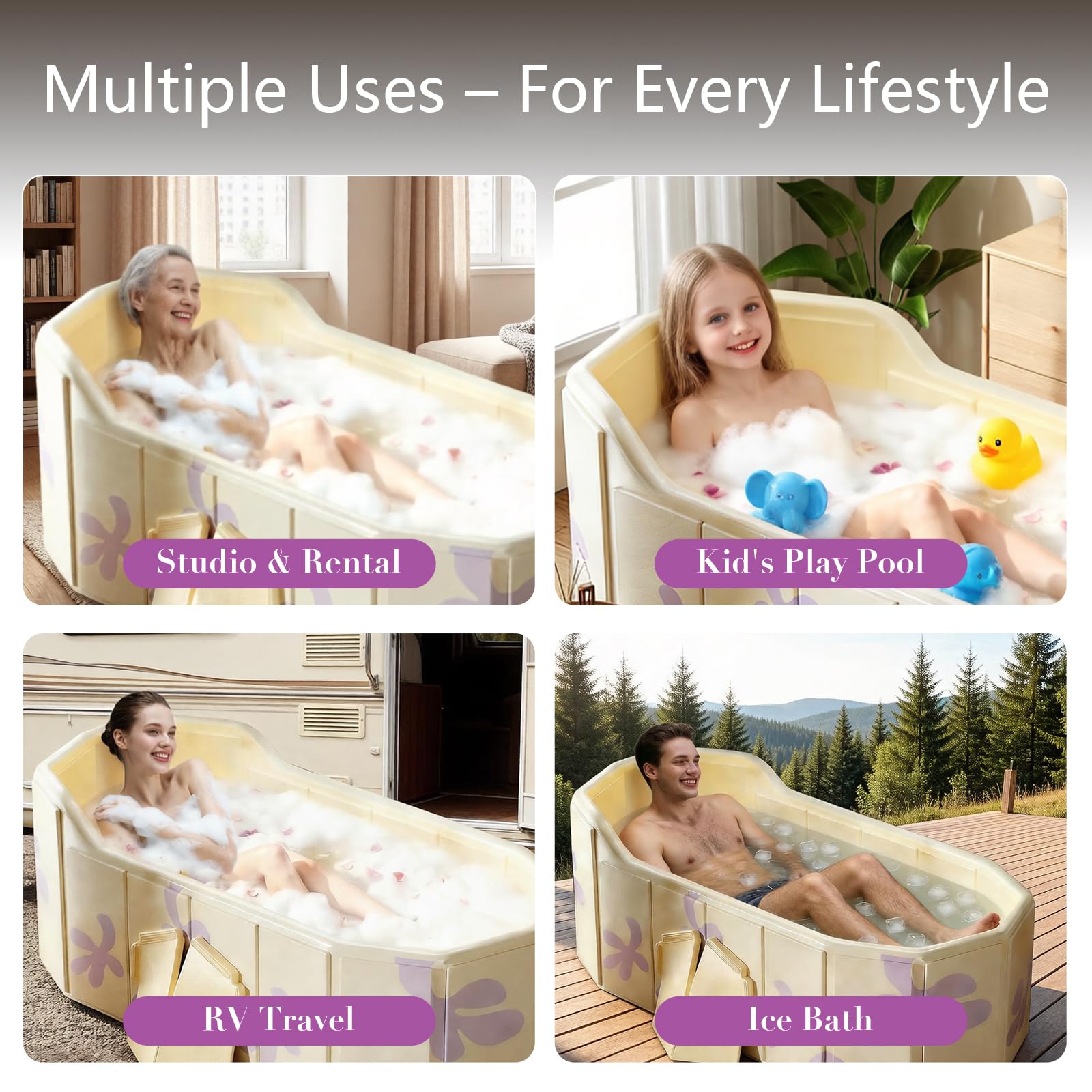 1,4 m Baignoire Pliable Adulte avec Dossier, 140 X 55 X 55 cm Baignoire Pliante Adulte Portable, Bain Froid et Chaude, pour Spa, Sauna, Douche en Couple, avec Coussin et Tuyau de Vidange