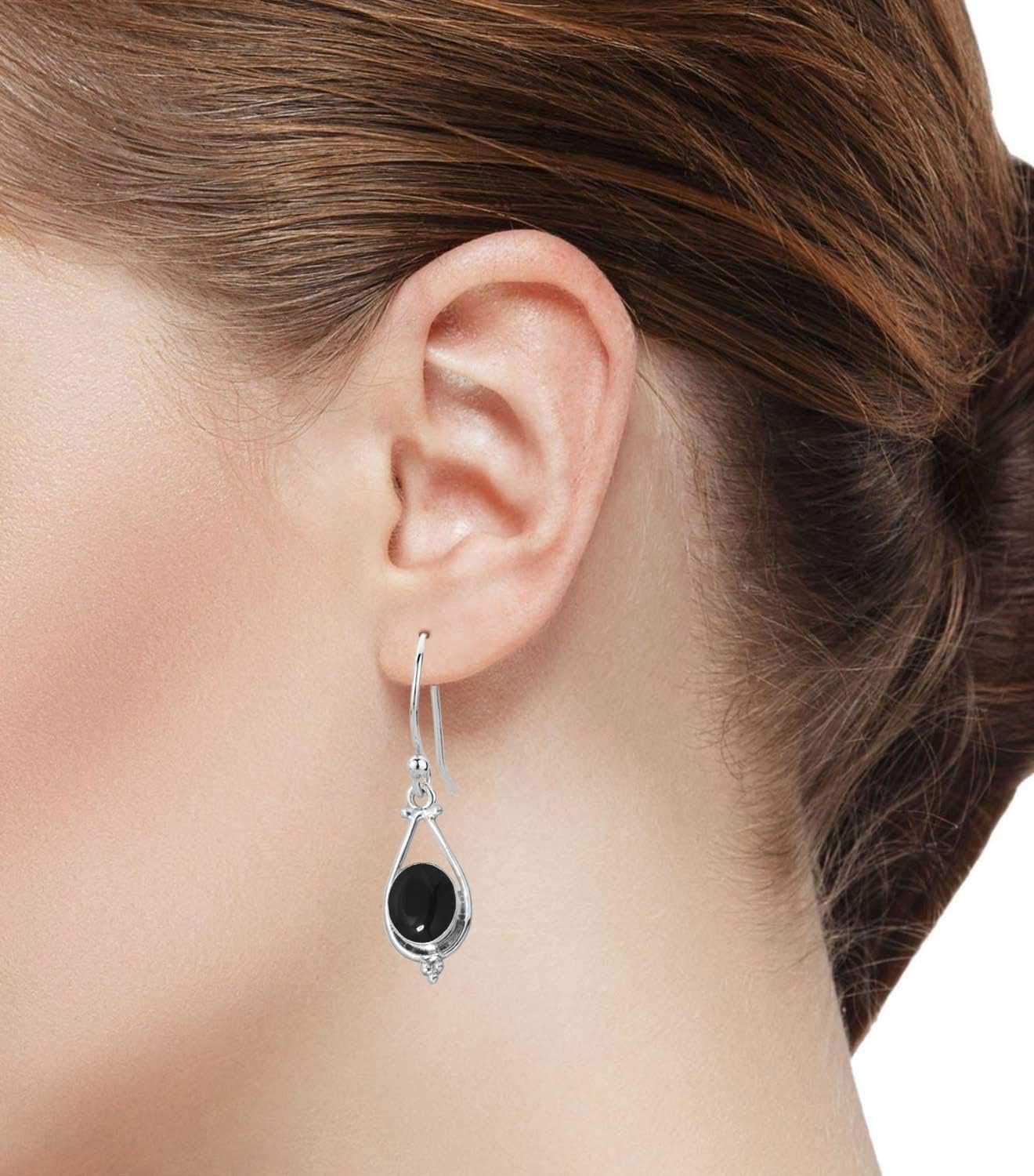 Genuine 925 Sterling Silver Handmade Jewelry Oval Agate, Crystal, Lapis, Amber Natural Gemstone Boho Drop Dangle Earring For Women