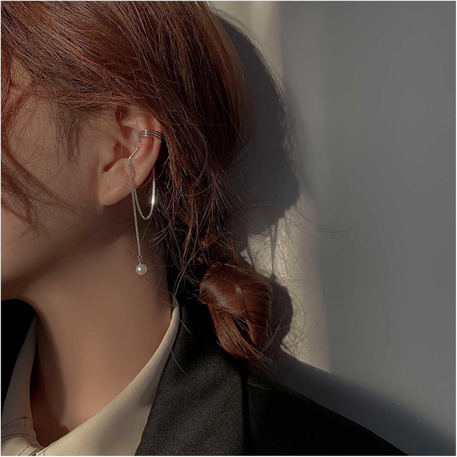 Boho pearl Drop Ear Cuff Earrings pearl Tassel Clip On Earrings Long Chain Dangle Earrings Silver Tassel Chain Cuff Wrap Earrings No Piercing Jewelry for Women - Image 2