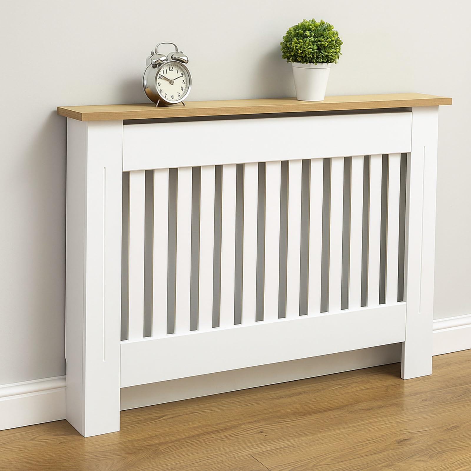 Gr8 Home Wooden Radiator Cover White Modern Painted MDF Storage Shelf Cabinet Unit with Slat Grill 19D x 111W x 83.3H Centimetres