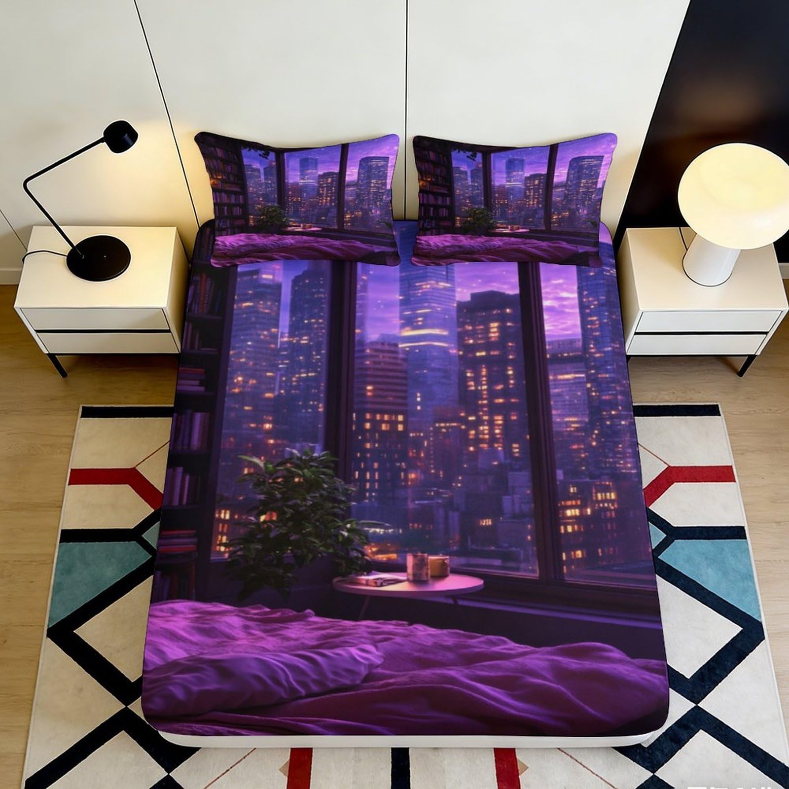 3D Printed City Nightscape Fitted Sheet Microfiber Soft Purple Skyline Mattress Cover for Bedroom Guest Room Decor 90x200x25cm
