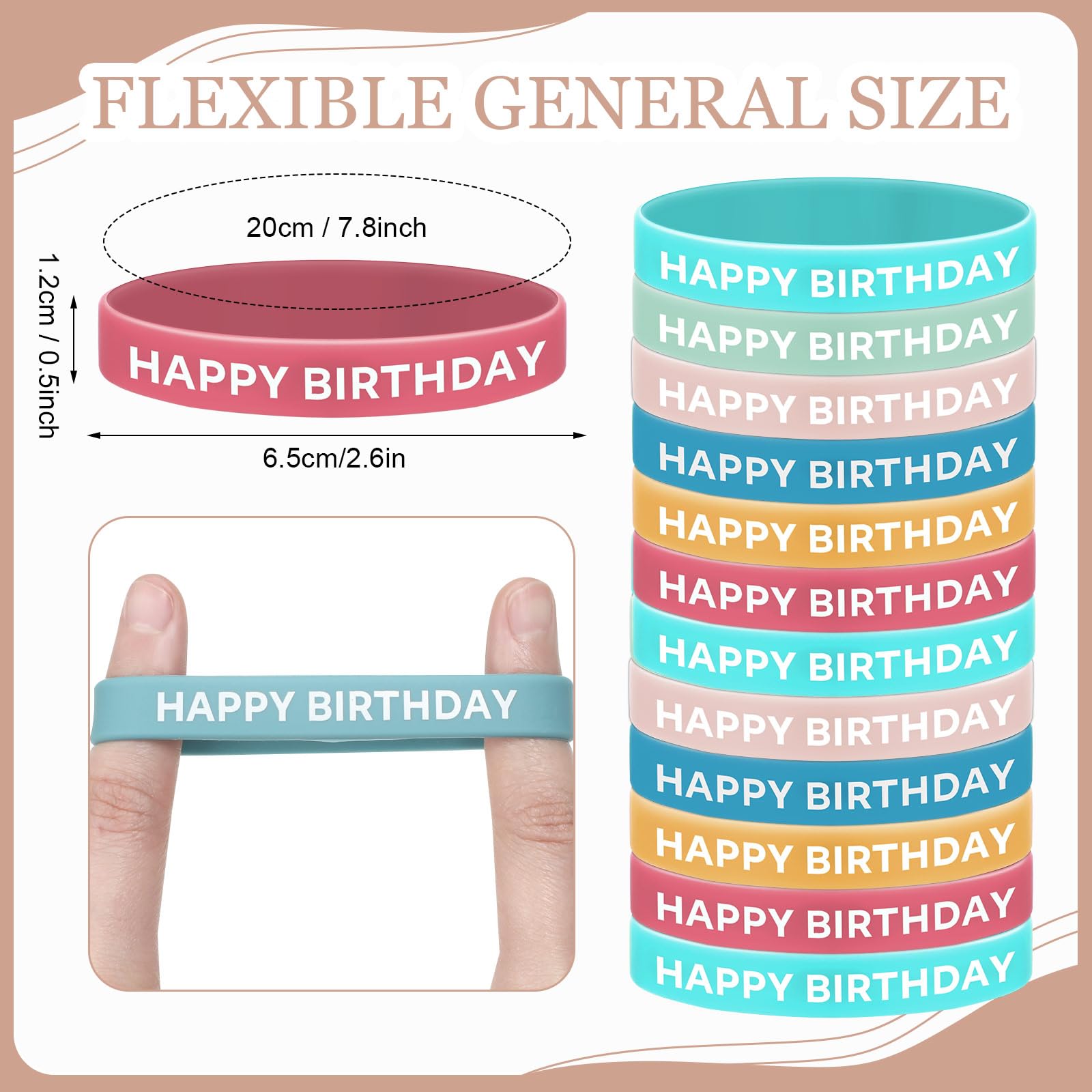 Ecally 48 Pcs Boho Classroom Happy Birthday Bracelets Student Bulk Rubber Boho Silicone Stretch Wristbands for Student Birthday Classroom Party Supplies