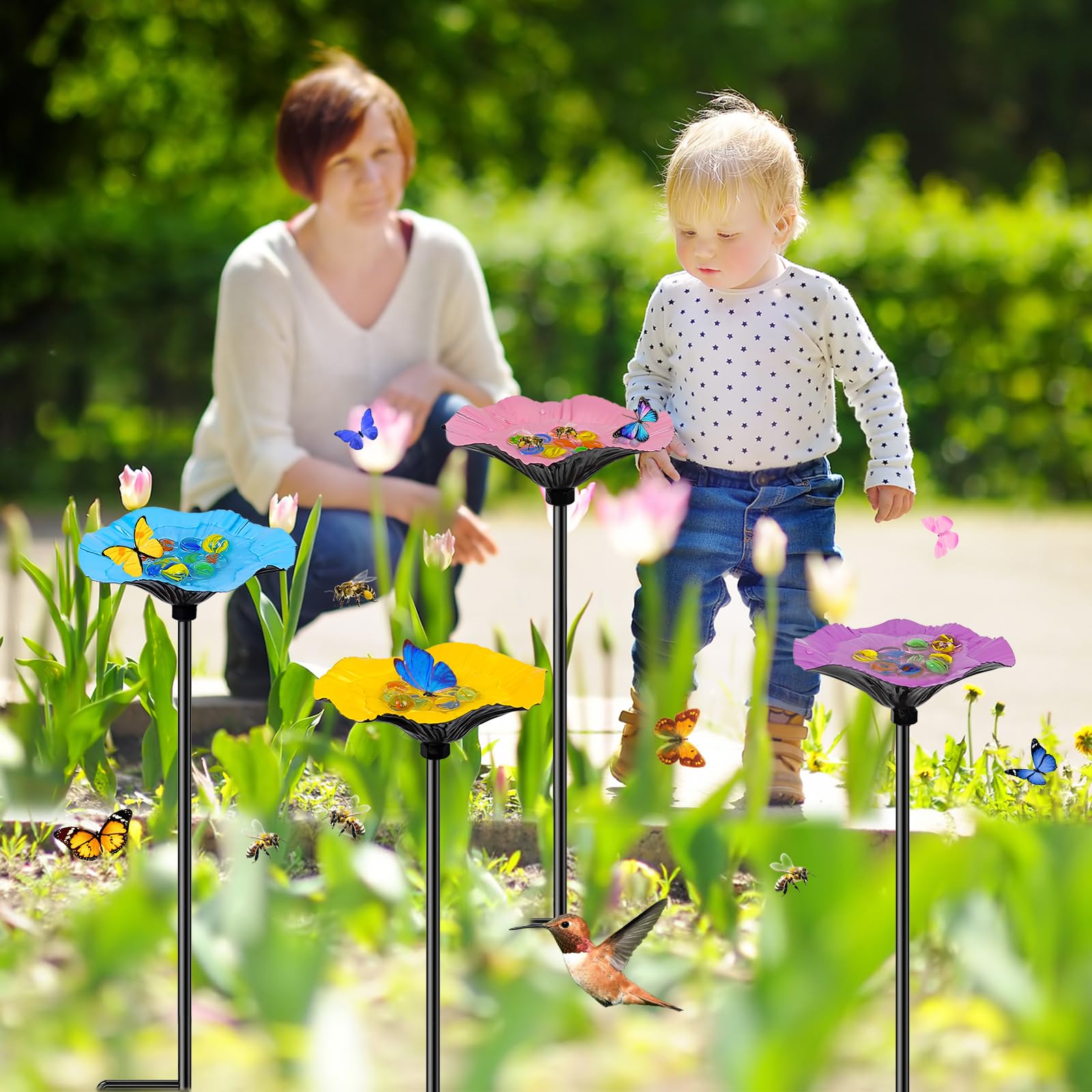 4 Pack Bee Watering Station for Garden, Metal Bee Butterfly Feeder with 40Pcs Glass Marbles, Colorful Butterfly Bee Bath Water Bowl with Flower Design (4 PCS-Blue & Yellow & Pink & Purple) — view 5