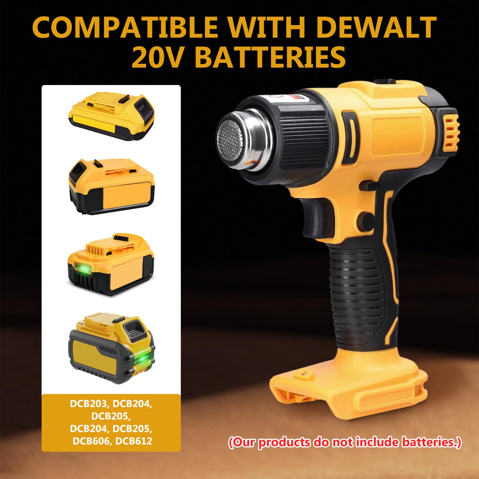 Pistolet à air chaud sans fil pour Dewalt 20 V Batterie, 50 °C à 550 °C | Pistolet à Air Chaud avec écran LCD Réglable de 50 à 550 °C, avec 5 Buses et 2 Shovels pour Soudure bricolage(Sans Batteries)
