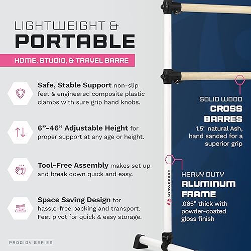 Miniatura 3 de VITA Barre - Barra de ballet doble portátil independiente, prodigio, madera, altura ajustable, fabricada en Estados Unidos, equipo de ejercicio en