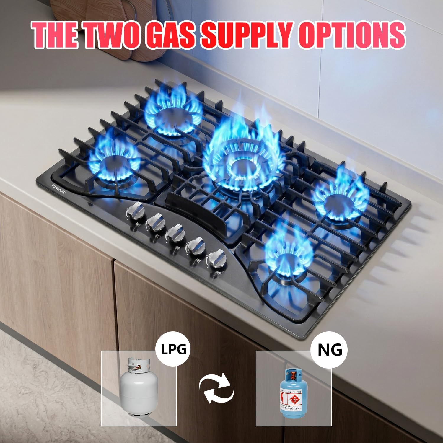 Gas Cooktop 30 Inch, 5 Burners Built-in Stove Top Stainless Steel Propane/Natural Gas Convertible Sealed Dual Fuel Cooktop (Black)