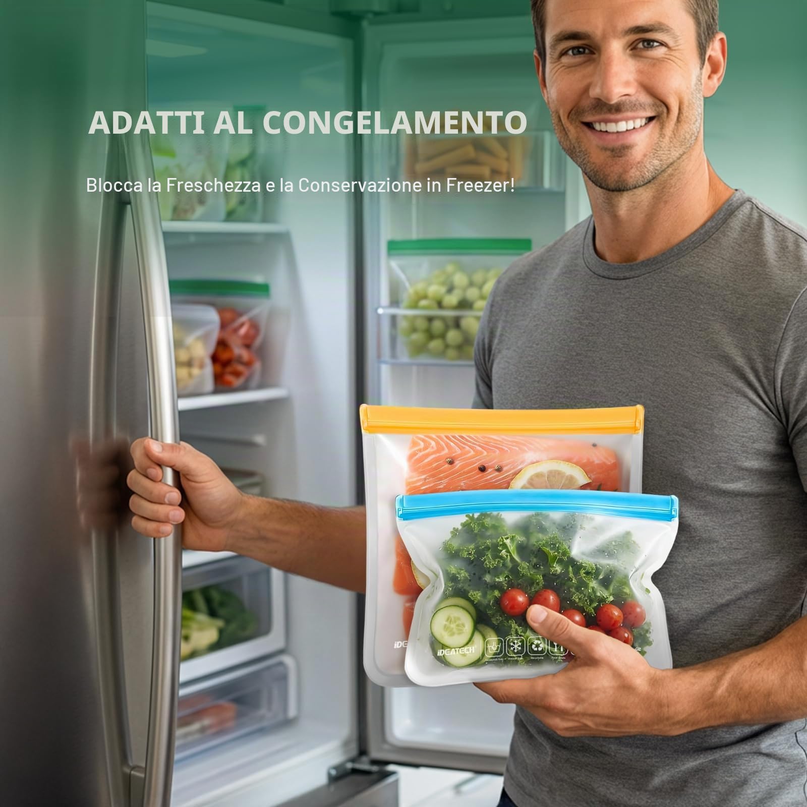 IDEATECH Sacchetti Silicone Freezer 20 Pack Riutilizzabili Buste Alimenti Richiudibili Congelatore Cibo Ermetici Zip BPA Free Gelo Verdura Carne Frutta