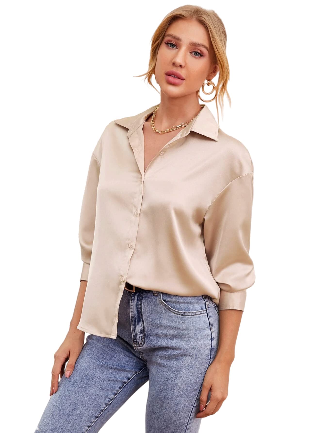 bowrain Satin Silk Fabric Spread Collar Full Sleeve Top Shirt for Women and Girl-picture-29