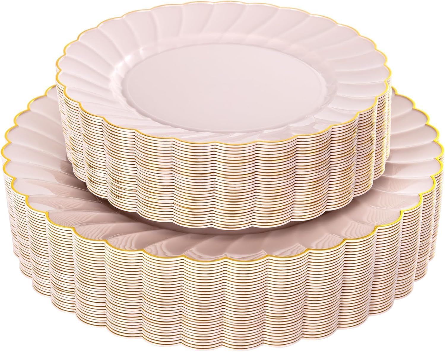 YOUBET 60PCS Pink Scalloped Plastic Plates - Hard Pink and Gold Fancy Disposable Plates include 30 Gold Dinner Plate, 30 Dessert Plate for Party & Wedding & Baby Shower Valentines Day