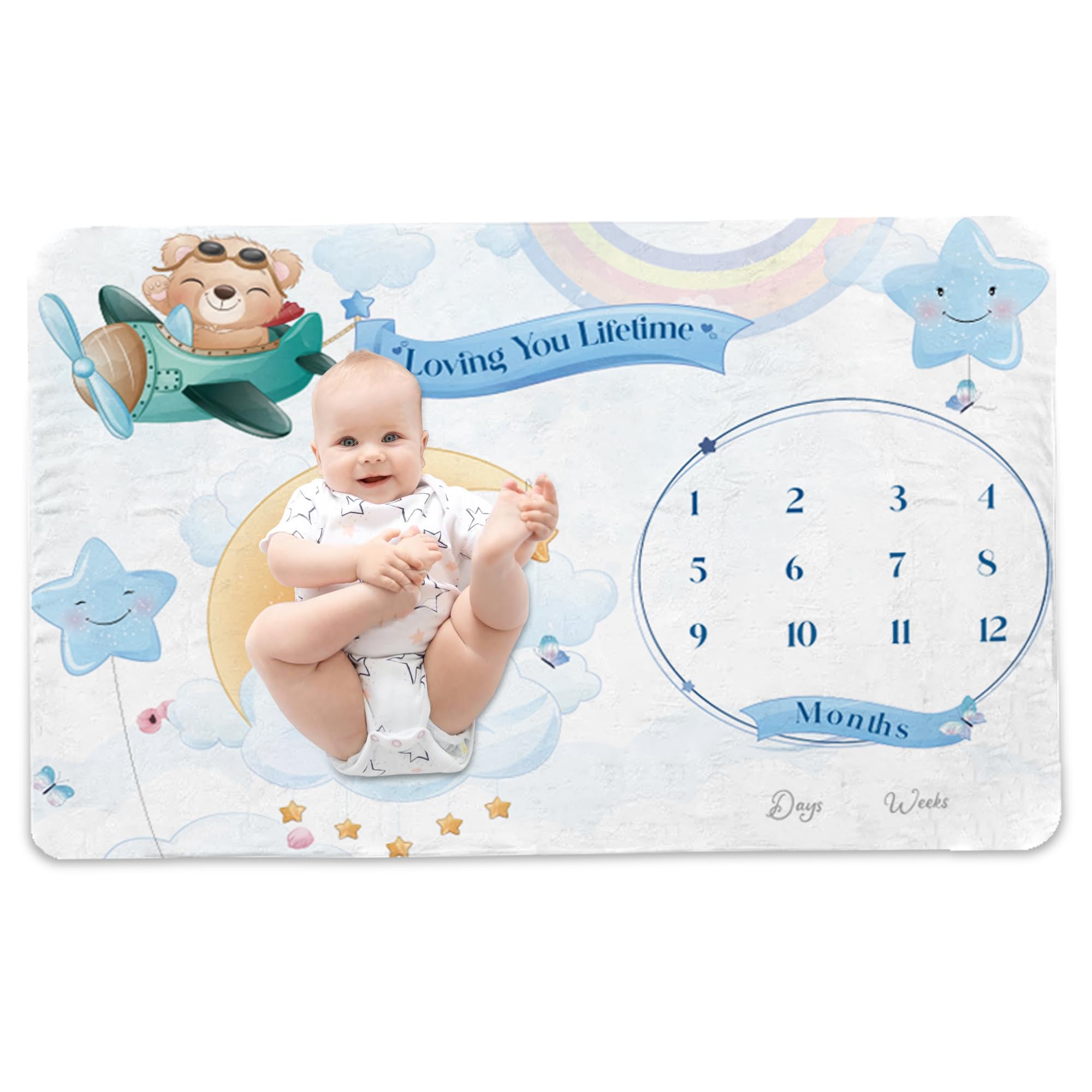 WANOMA Monthly Baby Milestone Blanket - Document Every Step with Milestone Blanket for Baby boy - Personalized and Durable Keepsake Baby Monthly Milestone (Blue Baby Boy)