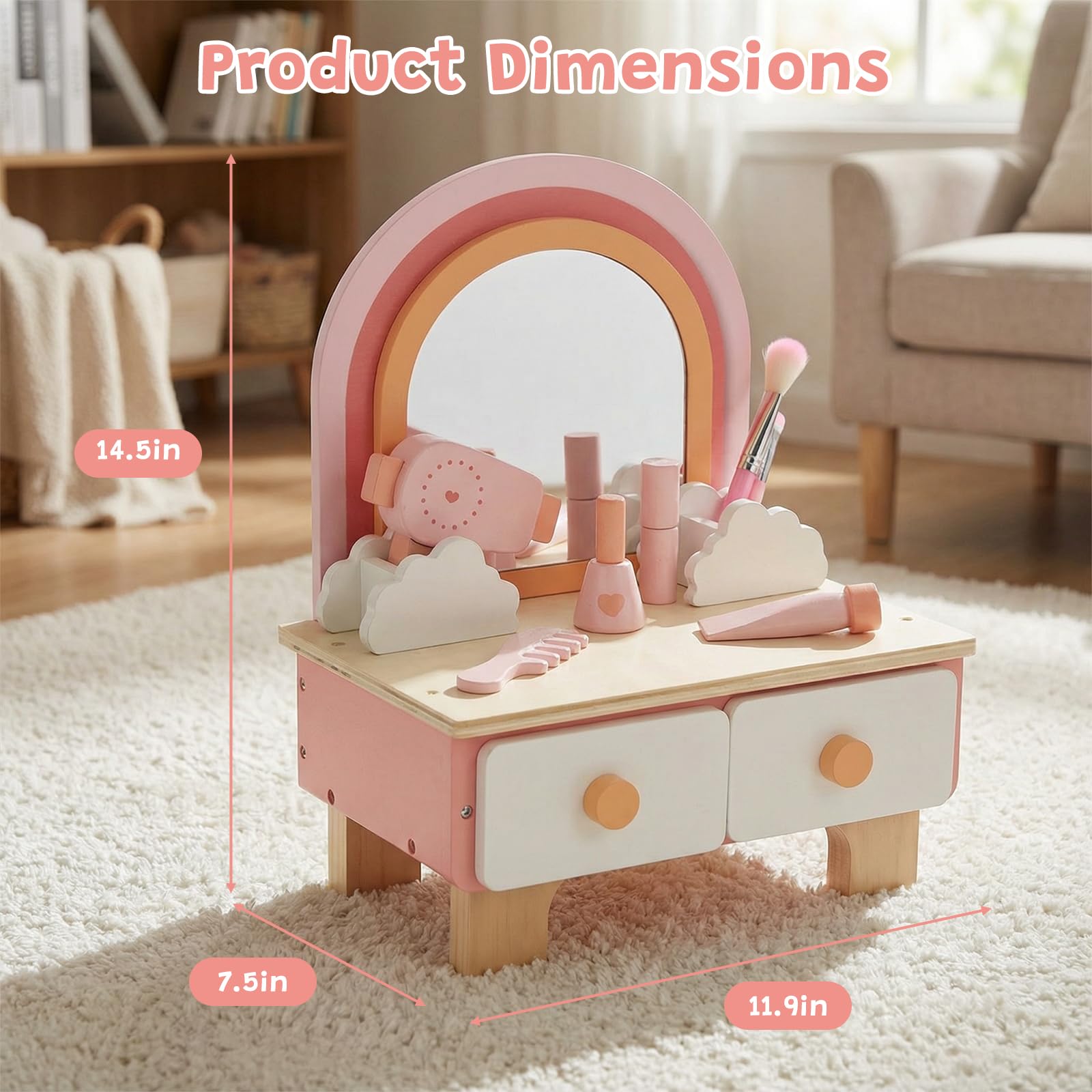 Coiffeuse En Bois Rose Pour Fille Avec Miroir Rotatif 360° + 7 Accessoires Maquillage – Tiroir Spacieux & Design Princesse