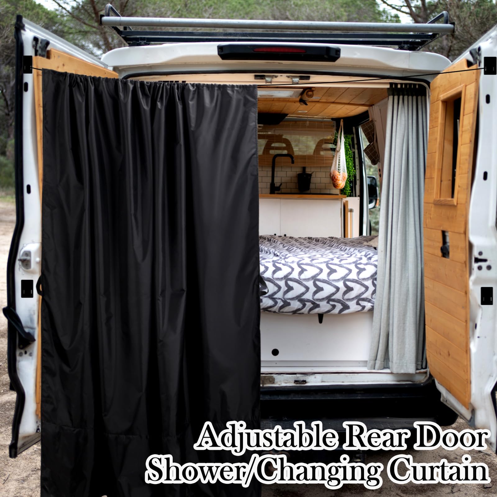 Fanfanwin Grand Rideau de Douche Noir de 2,1 x 1,8 m pour Porte arrière de Camping-Car, avec Crochets magnétiques, réglable, Double Couche, Housse de Voiture, Camion, Voyage