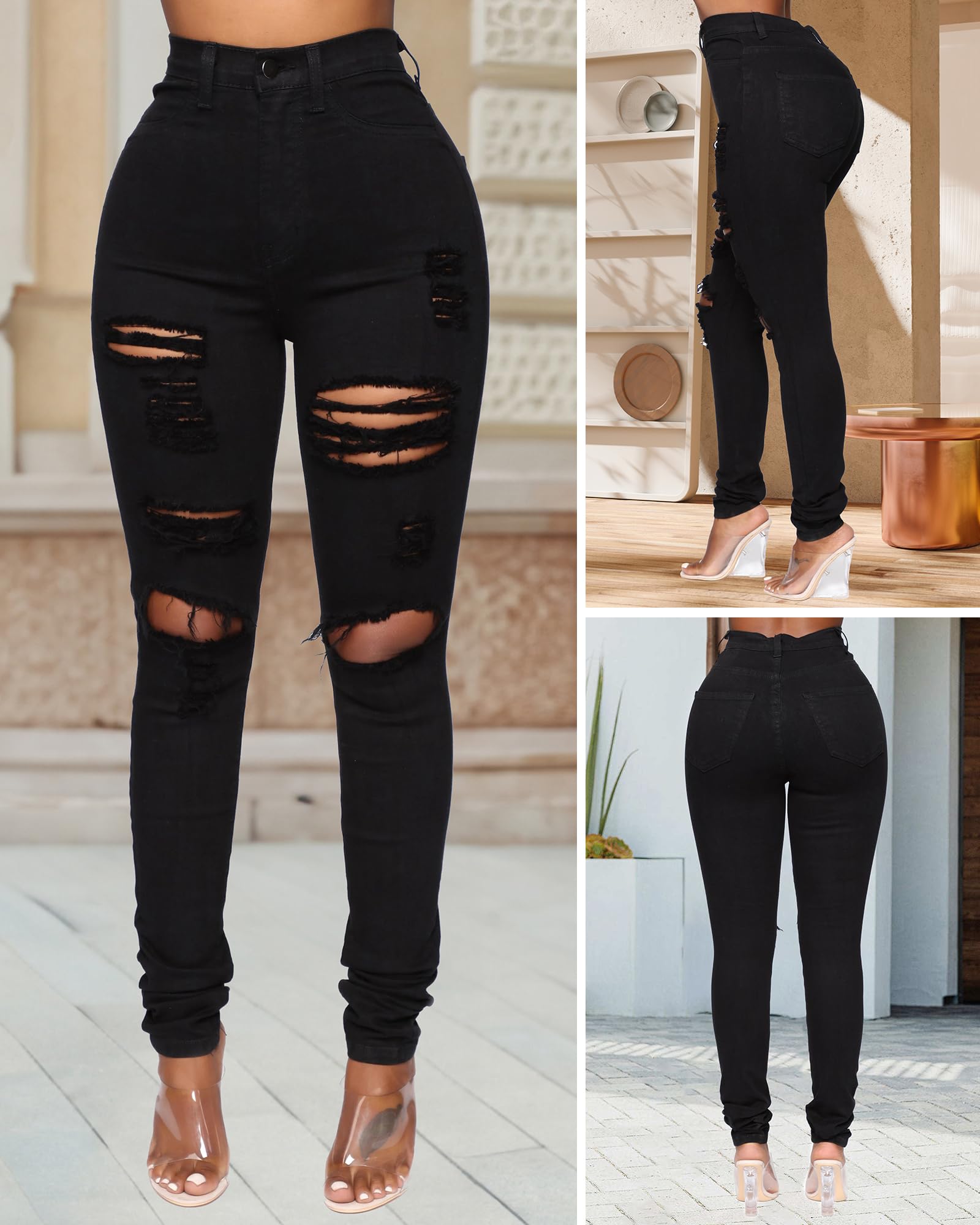 BISUAL Womens High Waisted Butt Lifting Jeans Distressed Stretch Skinny Sexy Colombian Jeans for Women: Ripped Black 4