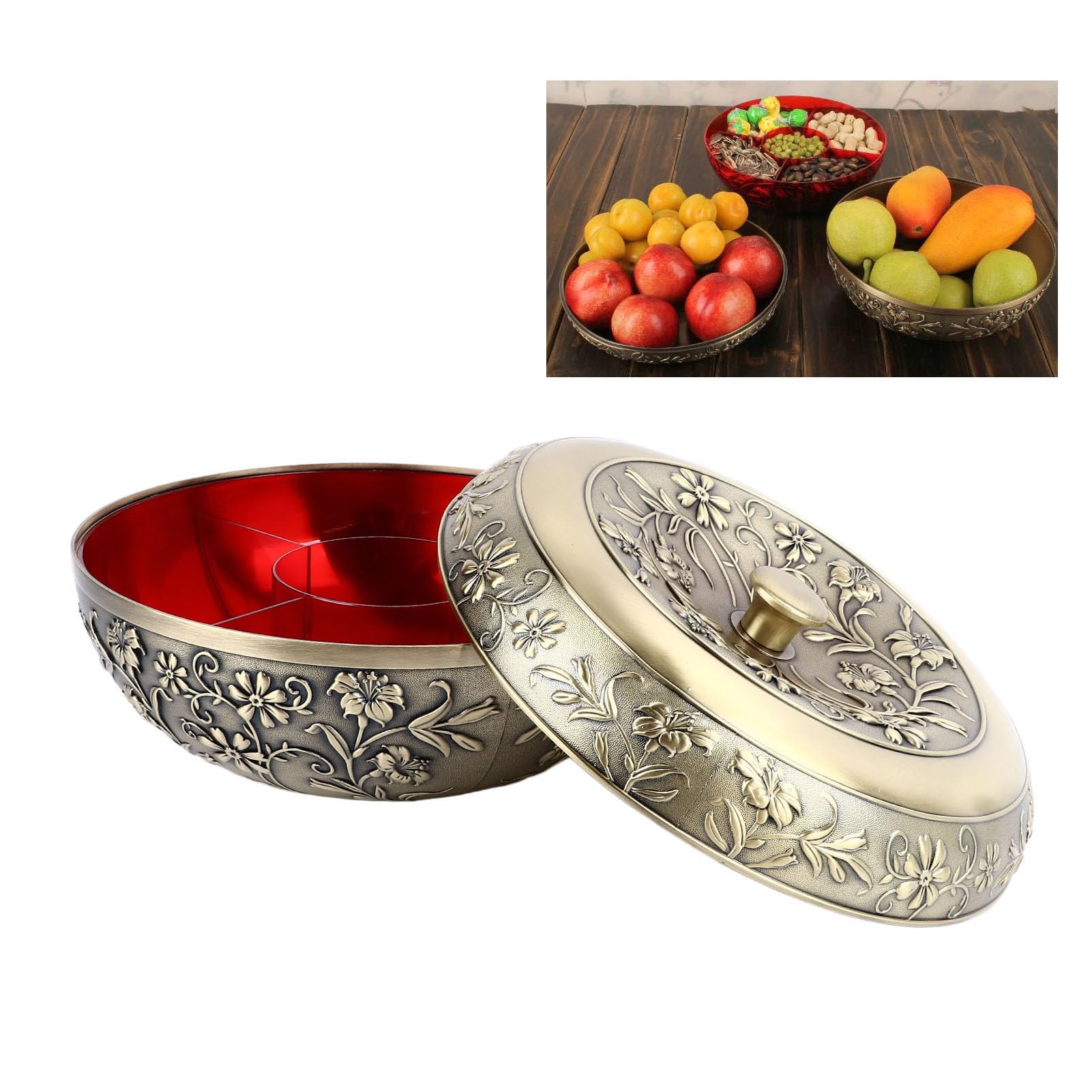 Ausla Boîte à Fruits Secs Vintage, Récipient à Noix en Alliage de Bronze avec Couvercle, Plateau à Collation à Motif Floral divisé pour Salon, Hôtel, Bureau, Salle de Réception, Rangement