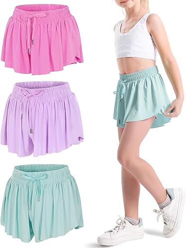 KEREDA Pantalones cortos fluidos para niñas, pantalones cortos de mariposa para adolescentes y niñas con forro de elastano 2 en 1, ropa deportiva