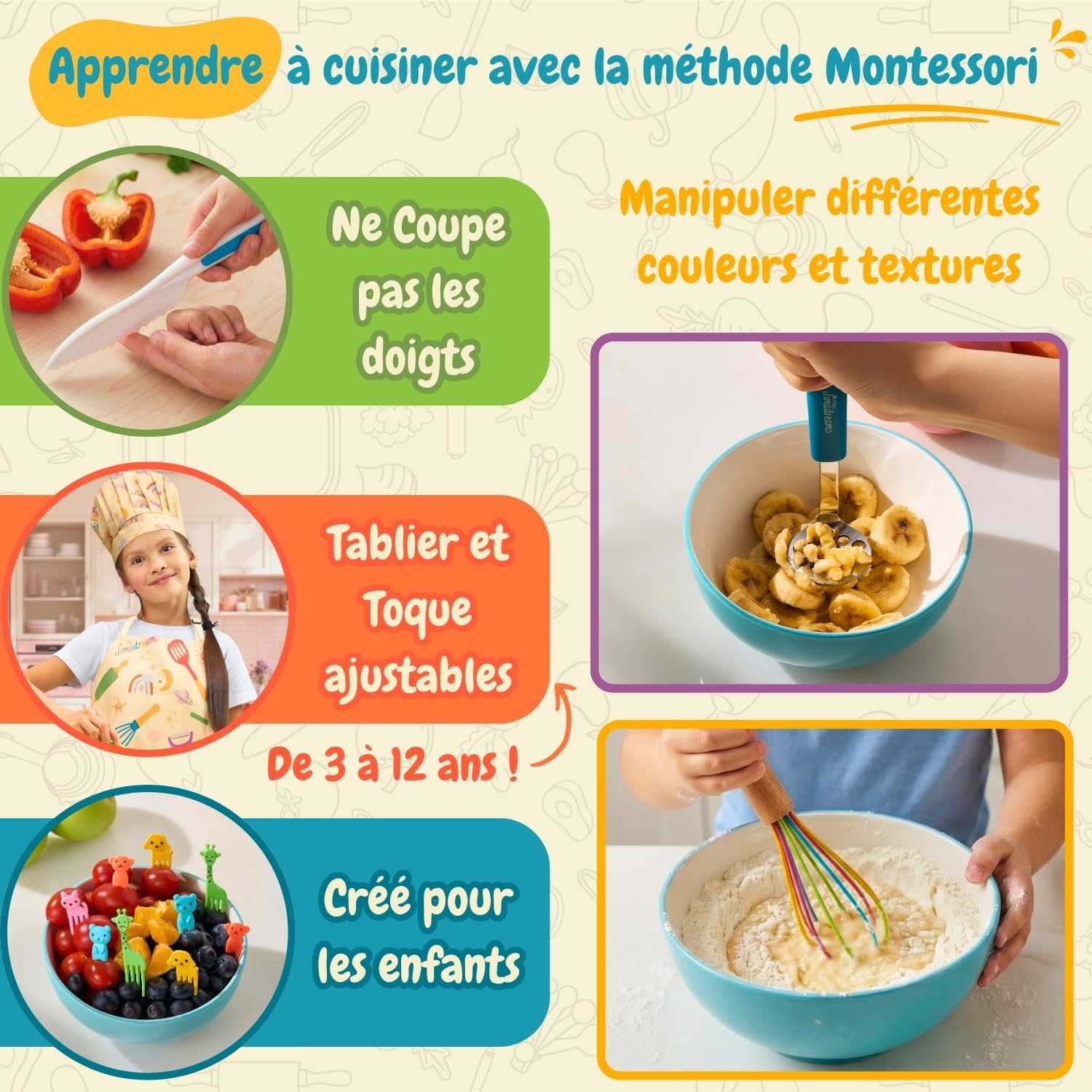 Kit Couteau Cuisine Enfant Montessori avec Tablier et Toque Ajustables - Ustensiles de Cuisine Enfant sans BPA, Set Couteaux Sécurisés, Kit Patisserie, Coffret Cadeau Petit Chef dès 3 Ans