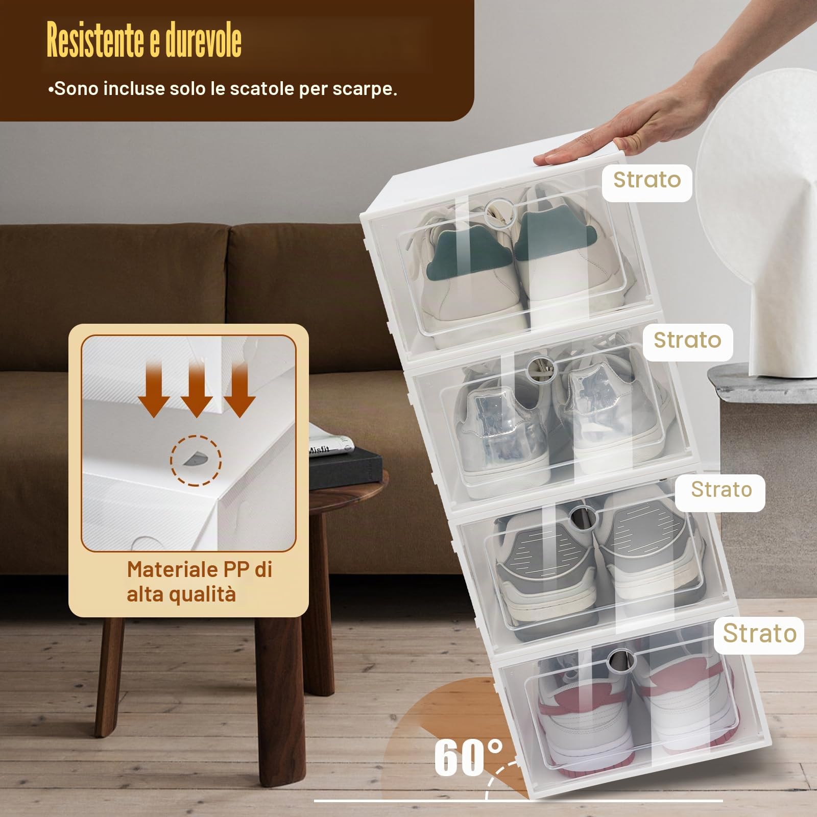 Scatola per scarpe impilabile, set da 24 scatole per scarpe, in plastica, organizer per scarpe, pieghevole, 33 x 23 x 14 cm, trasparente bianco