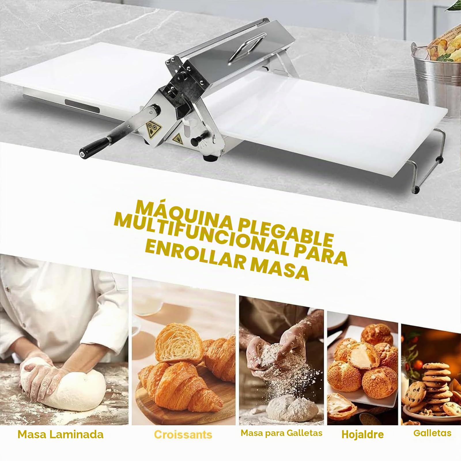 Laminadora Masa Manual Plegable para Panadería, Pizza y Croissants, Rodillo Repostería Acero Inoxidable con Grosor Ajustable, Comercial y Doméstico A