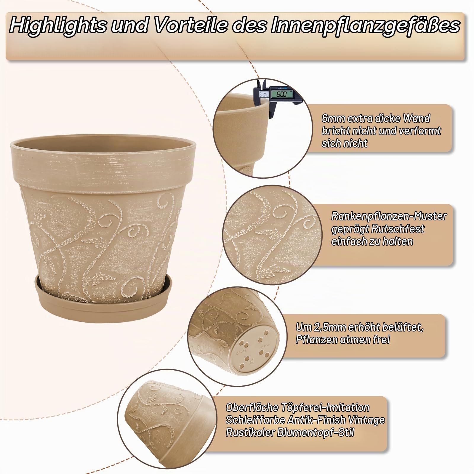 ZMTECH 20 cm Blumentopf mit untersetzer, 8 Zoll Kunststoff Terrakotta-Look Pflanzkübel mit Drainagelöchern, Rund Medium übertopf für Innen Draußen Kräuterhaus Pflanzen (Hellbraun,2er-Set)