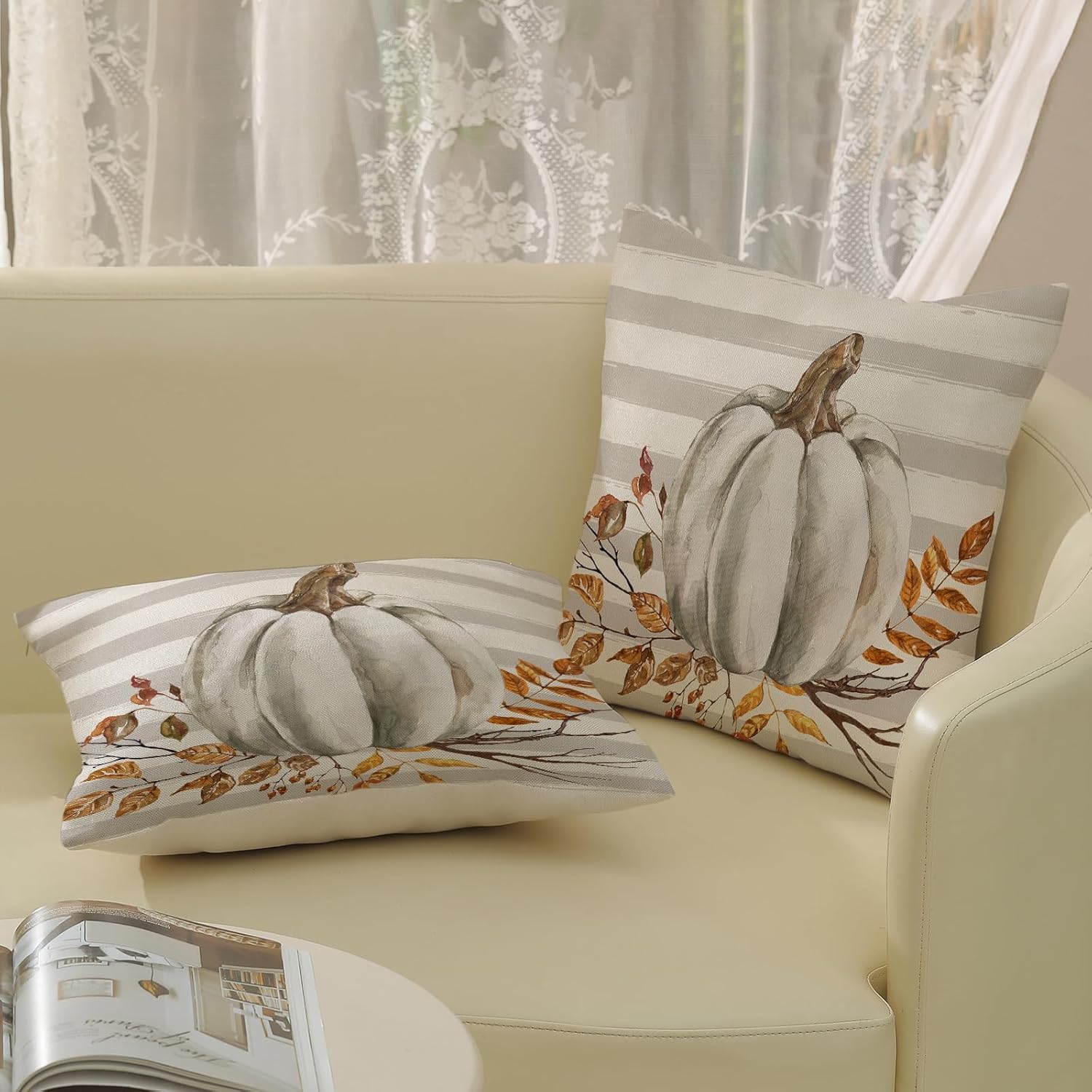 AGAYNA Fall Pillow Covers 24x24 Gray Stripes Pumpkin Decor Throw Pillows Case for Couch Maple Leaves Autumn Harvest Indoor Outdoor Decorative Cushion Cases for Sofa Bed Decorations Set of 2