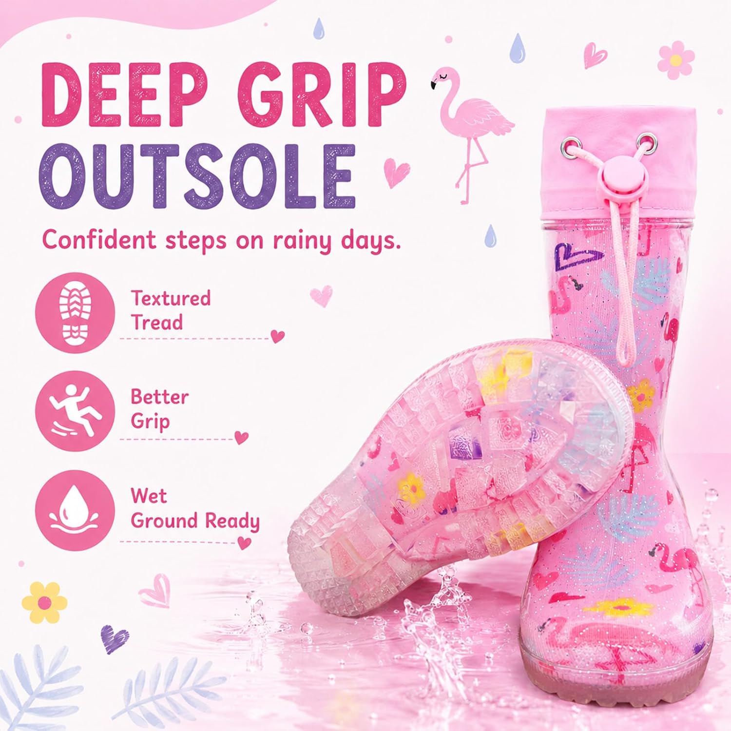 Toddler Rain Boots for Kids Boys & Girls – Waterproof Lightweight PVC Boots with Adjustable Drawstring, Non-Slip Outdoor Shoes