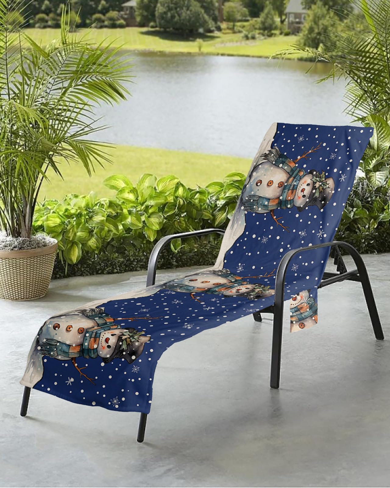 Shabby Chic Snowman Beach Chair Towel Covers for Chaise Lounge with Side Pocket, Soft Plush Pool Towels Cover for Patio Sunbathing Outdoor 29''x85'' Winter Christmas Snowflake Navy