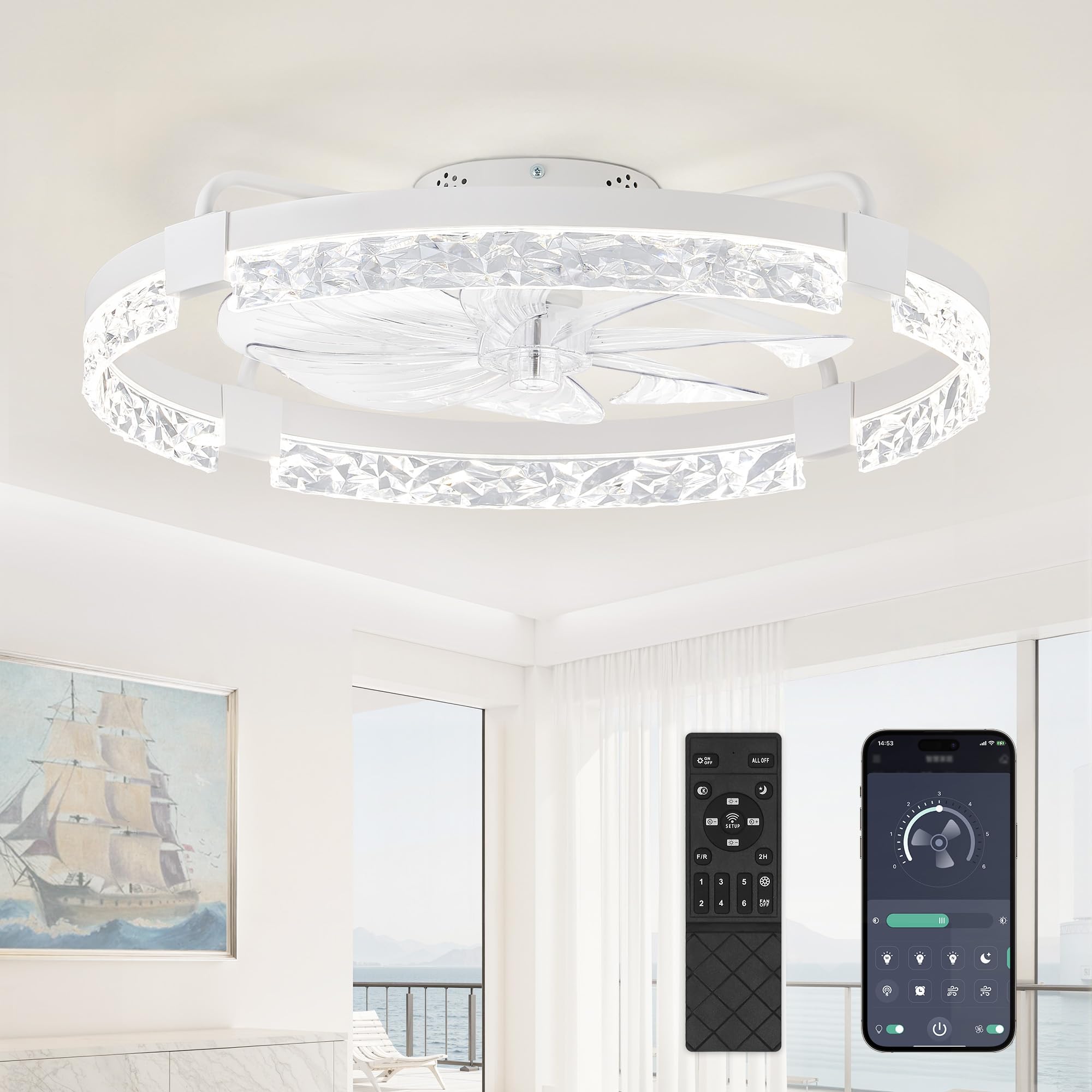 lediary 24 inch low profile ceiling fans with lights and remote, flush mount fandelier ceiling fan, 3000k-6000k dimmable led fan light, white modern ceiling fans with lights for bedroom