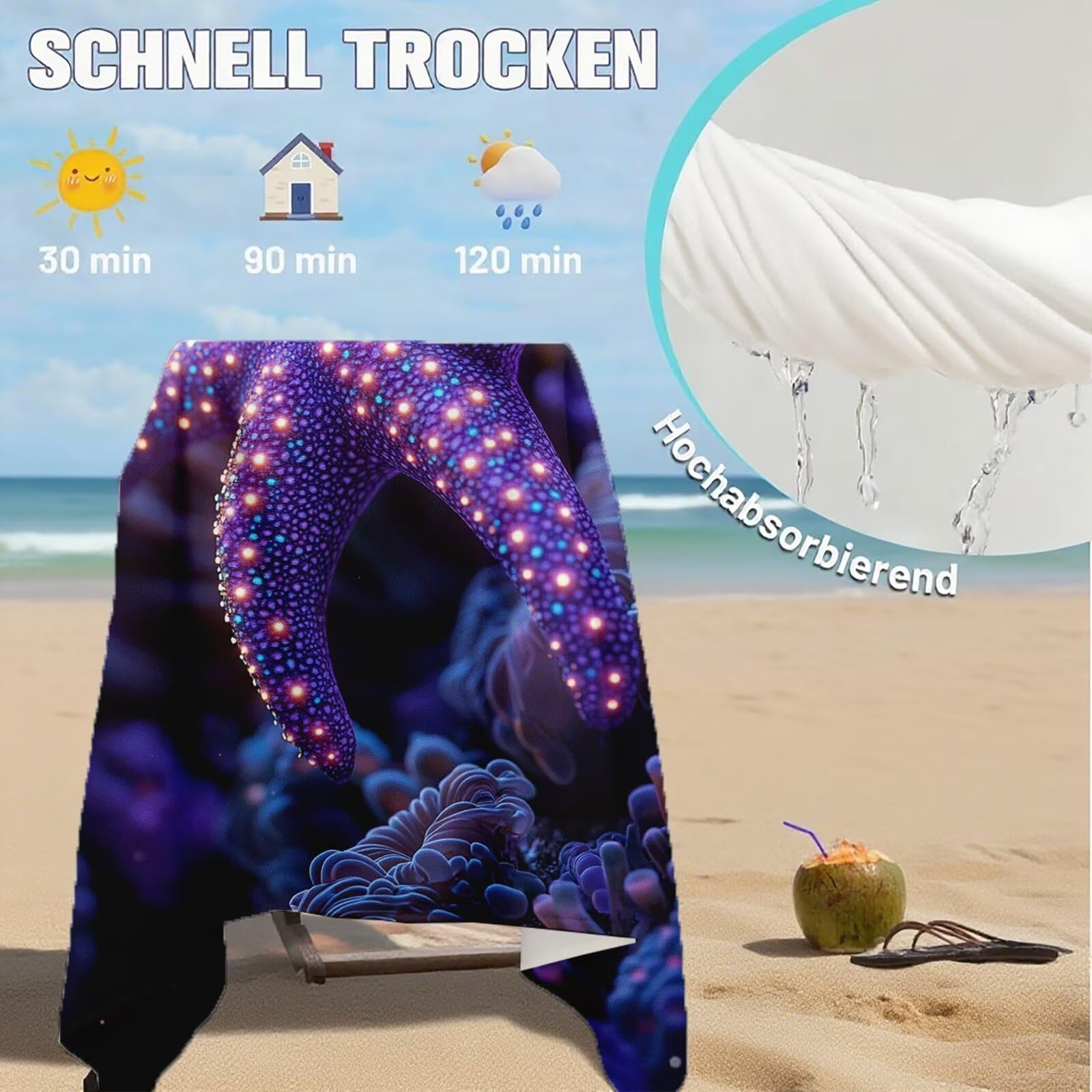 Serviette de Plage XXL 100x200 cm,Étoile de mer Serviette Plage Microfibre avec Séchage Rapide Anti-Sable Absorbante Fonction Design pour Vacances Piscine Pique-Nique Voyages Yoga, Cadeau Femme Q-872
